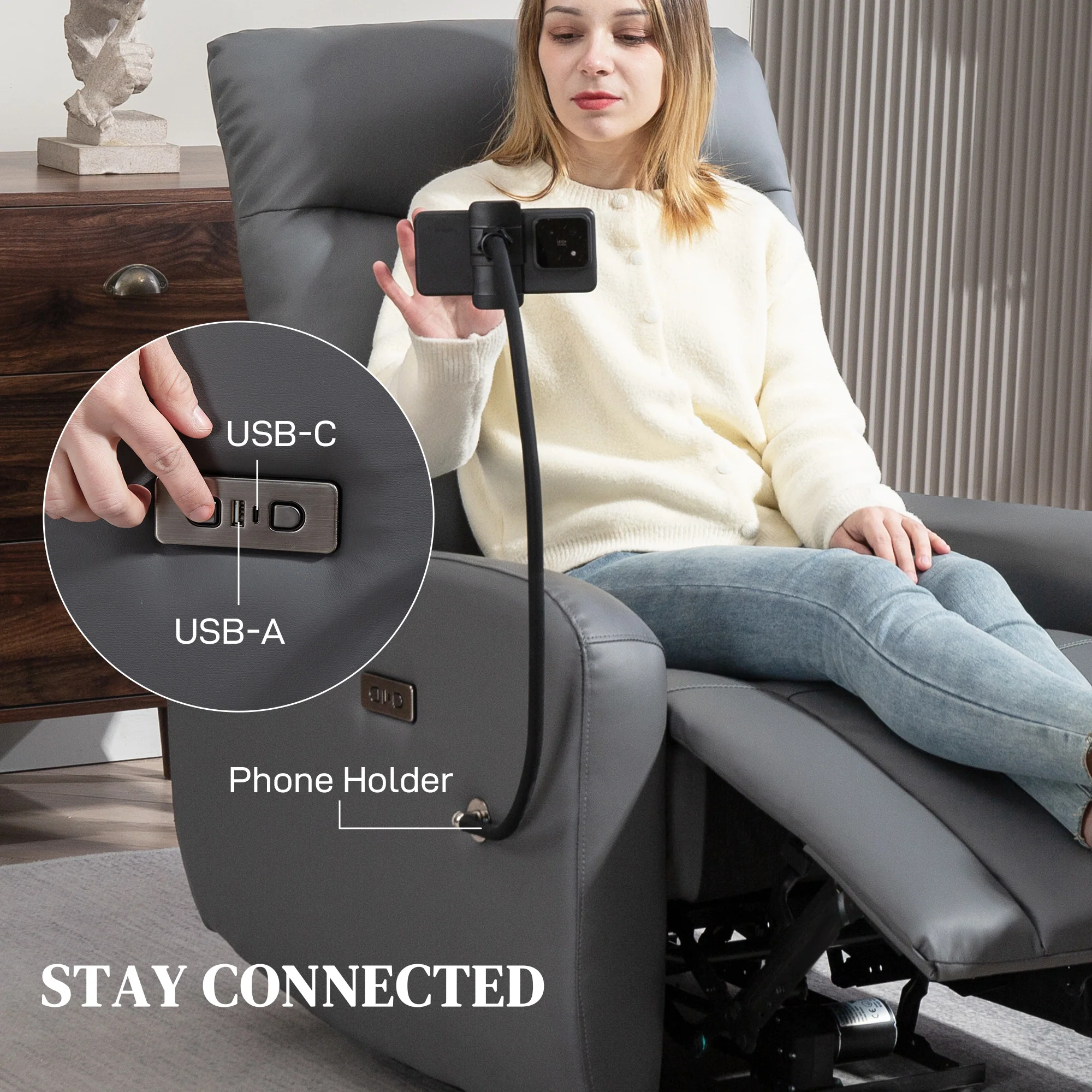 HOMCOM Electric Recliner Chair with Phone Holder, USB Charge Port, Grey - Image 8