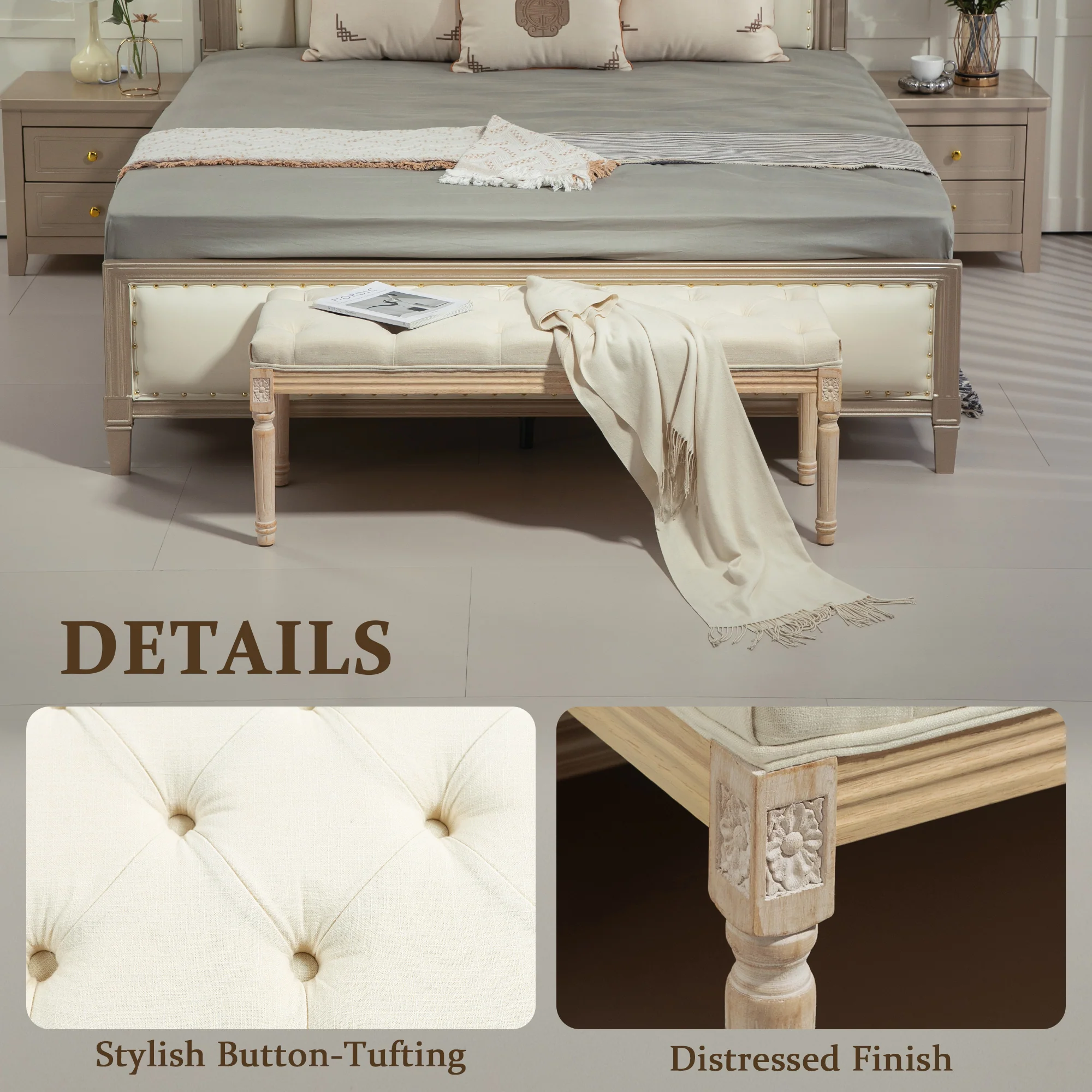 HOMCOM End Of Bed Bench Tufted Upholstered Foot Stool - Image 12