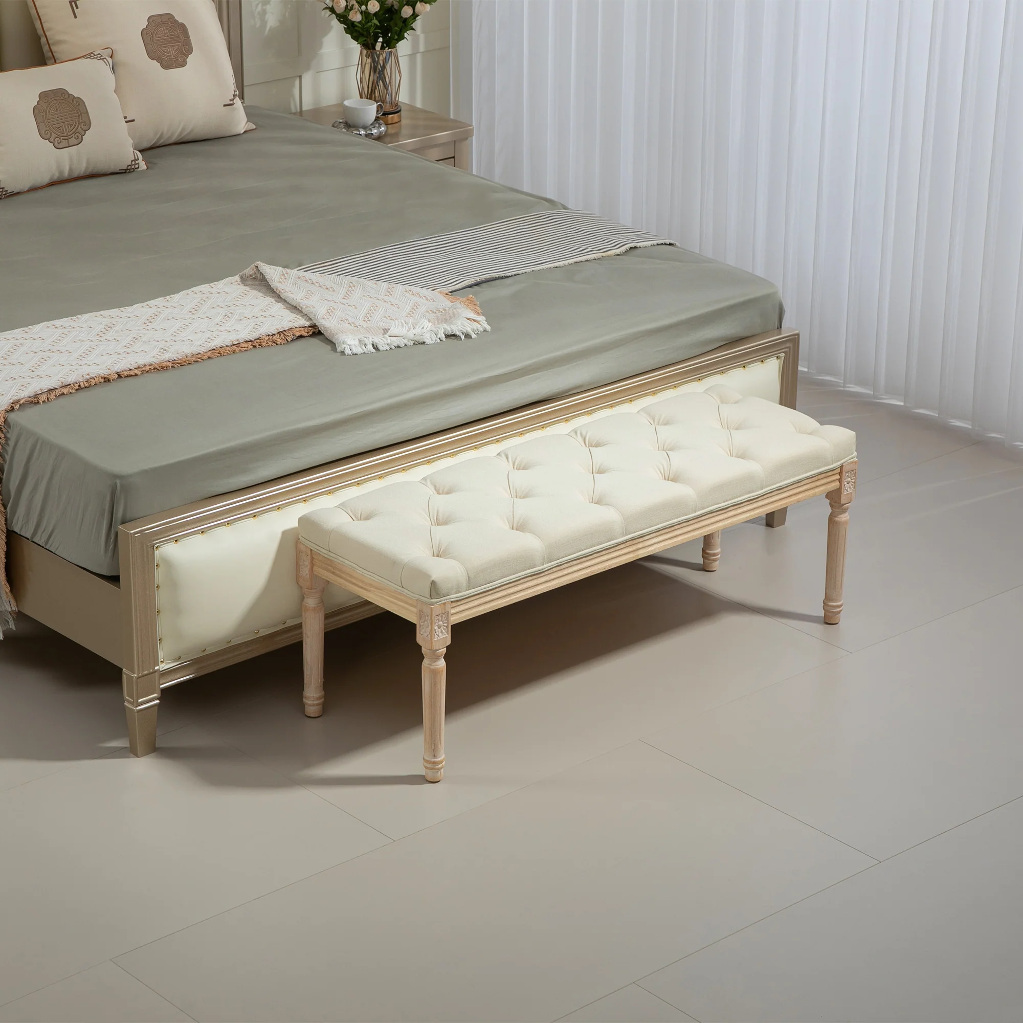 HOMCOM End Of Bed Bench Tufted Upholstered Foot Stool - Image 16