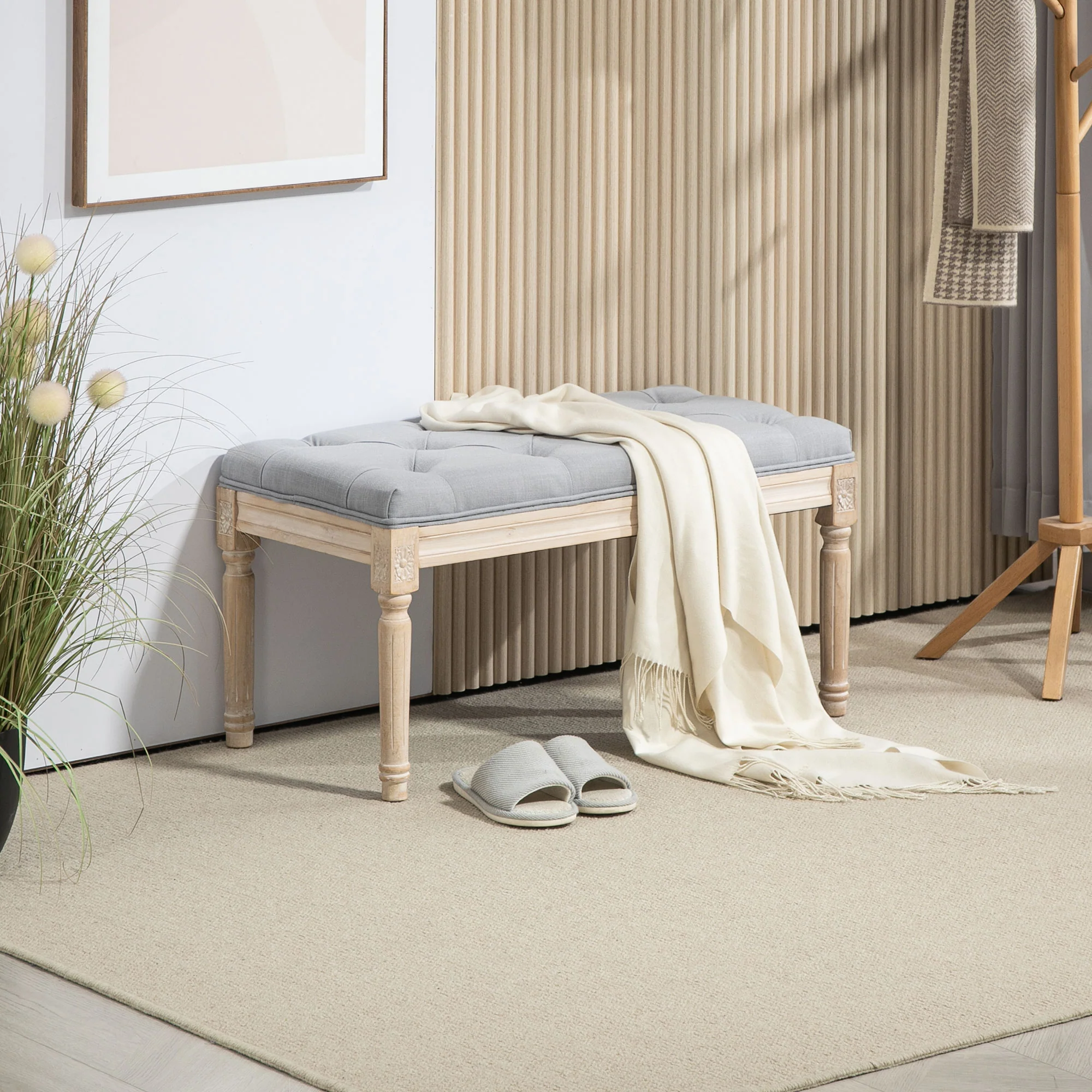 HOMCOM End Of Bed Bench Tufted Upholstered Foot Stool - Image 2