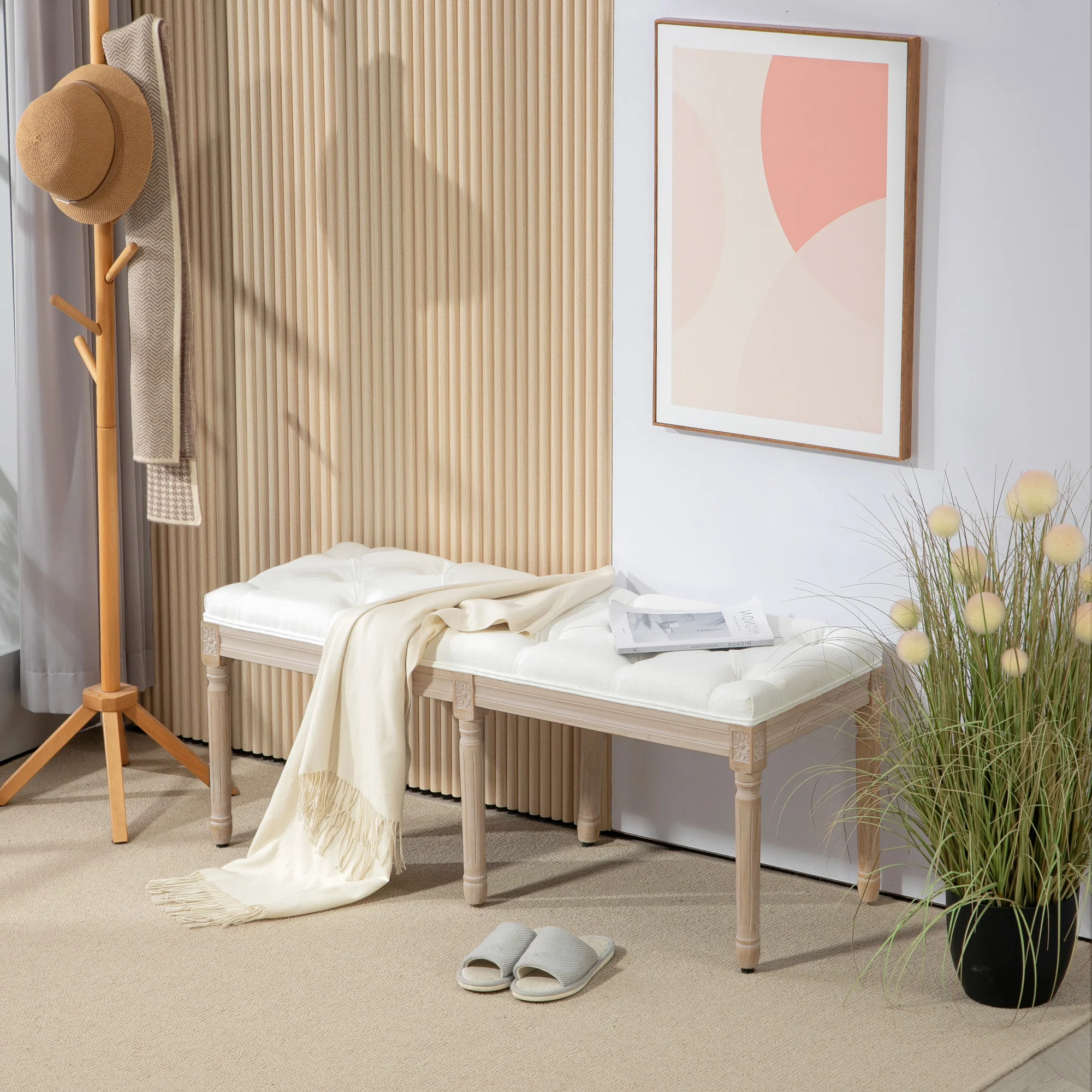 HOMCOM End Of Bed Bench, Upholstered Bedroom Bench, Cream White - Image 2