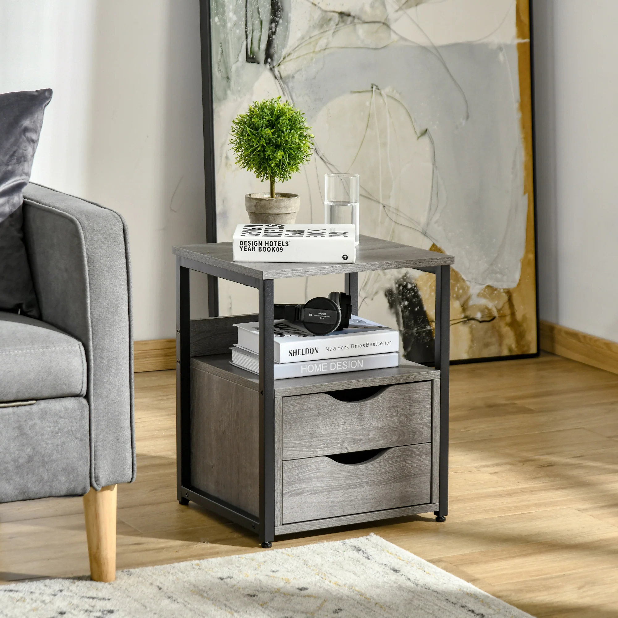 HOMCOM End Table Bedside Desk Slim Storage Cabinet With Shelf Grey - Image 2