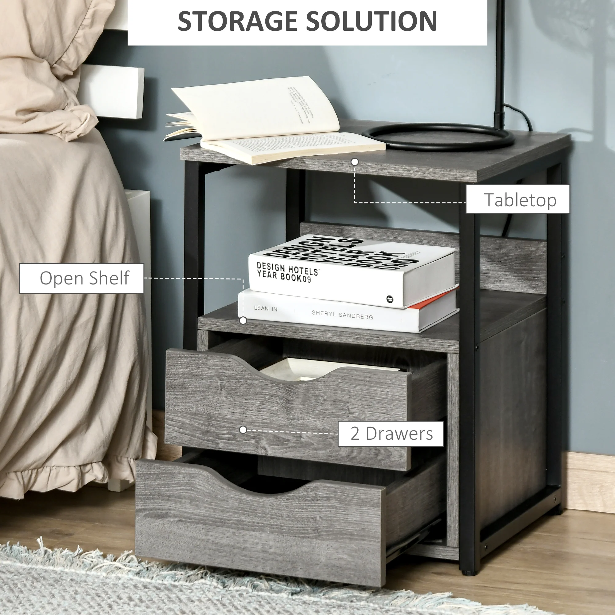HOMCOM End Table Bedside Desk Slim Storage Cabinet With Shelf Grey - Image 3