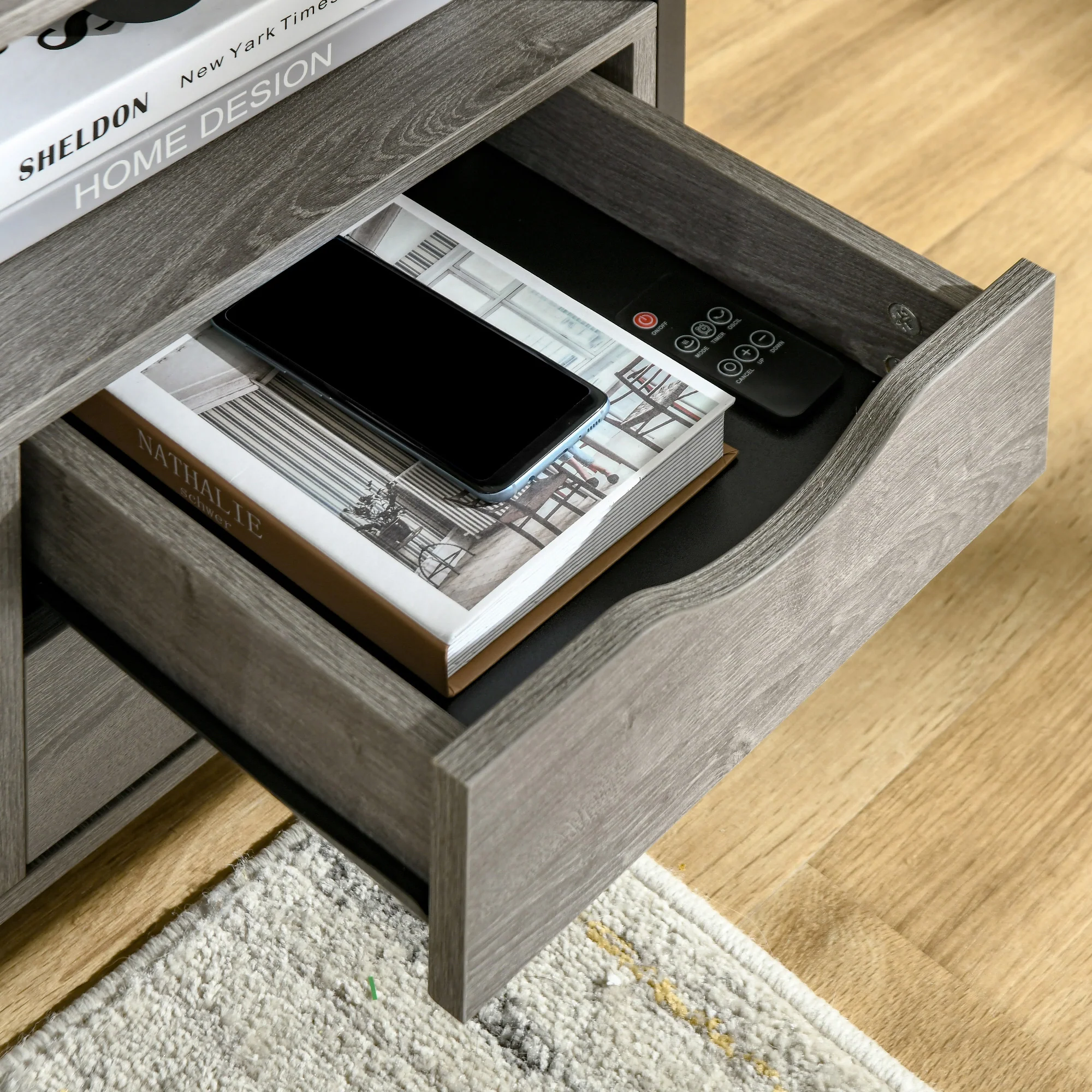 HOMCOM End Table Bedside Desk Slim Storage Cabinet With Shelf Grey - Image 9
