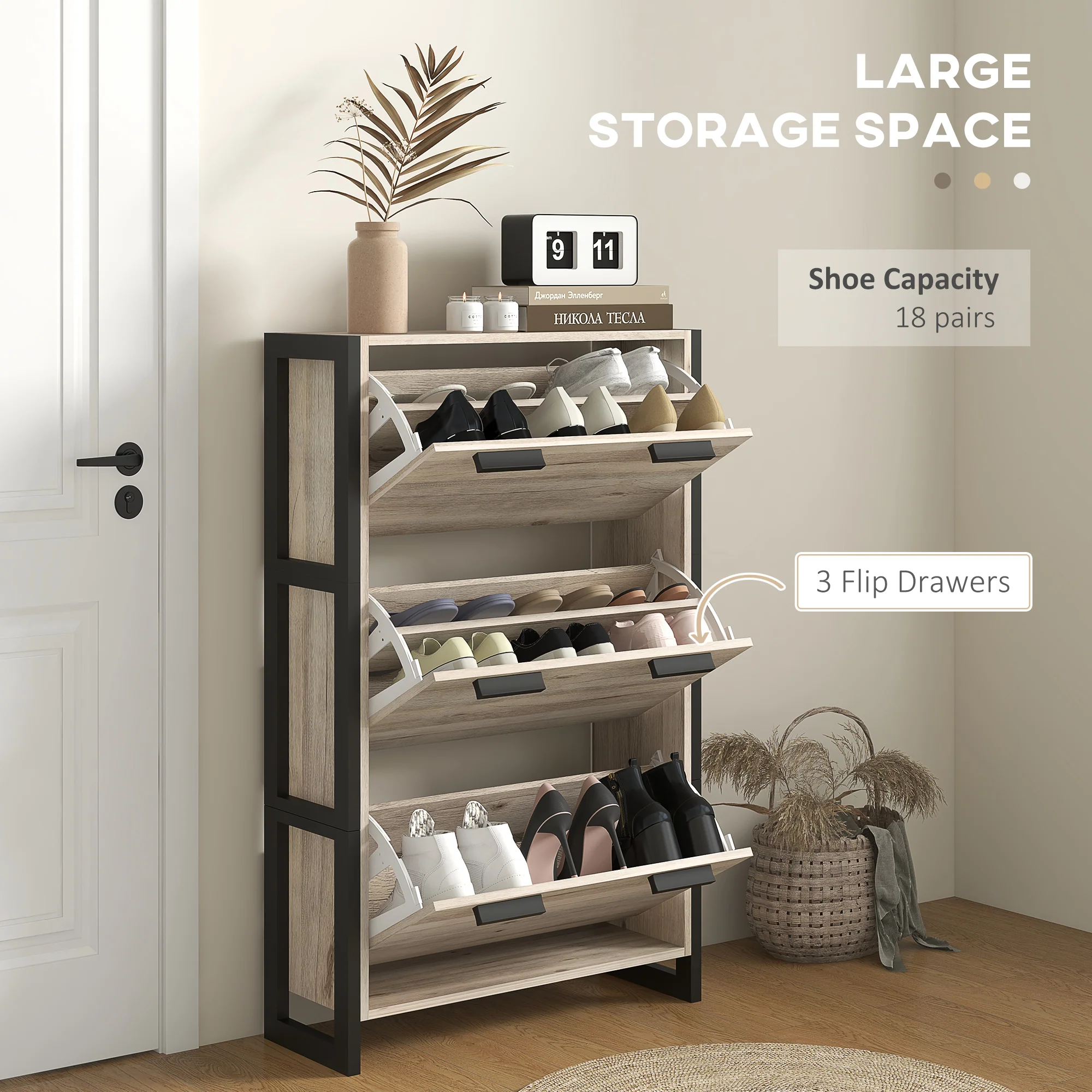 HOMCOM Entryway Shoe Cabinet with 3 Flip Drawers Adjustable Shelves Wood Handles - Image 3