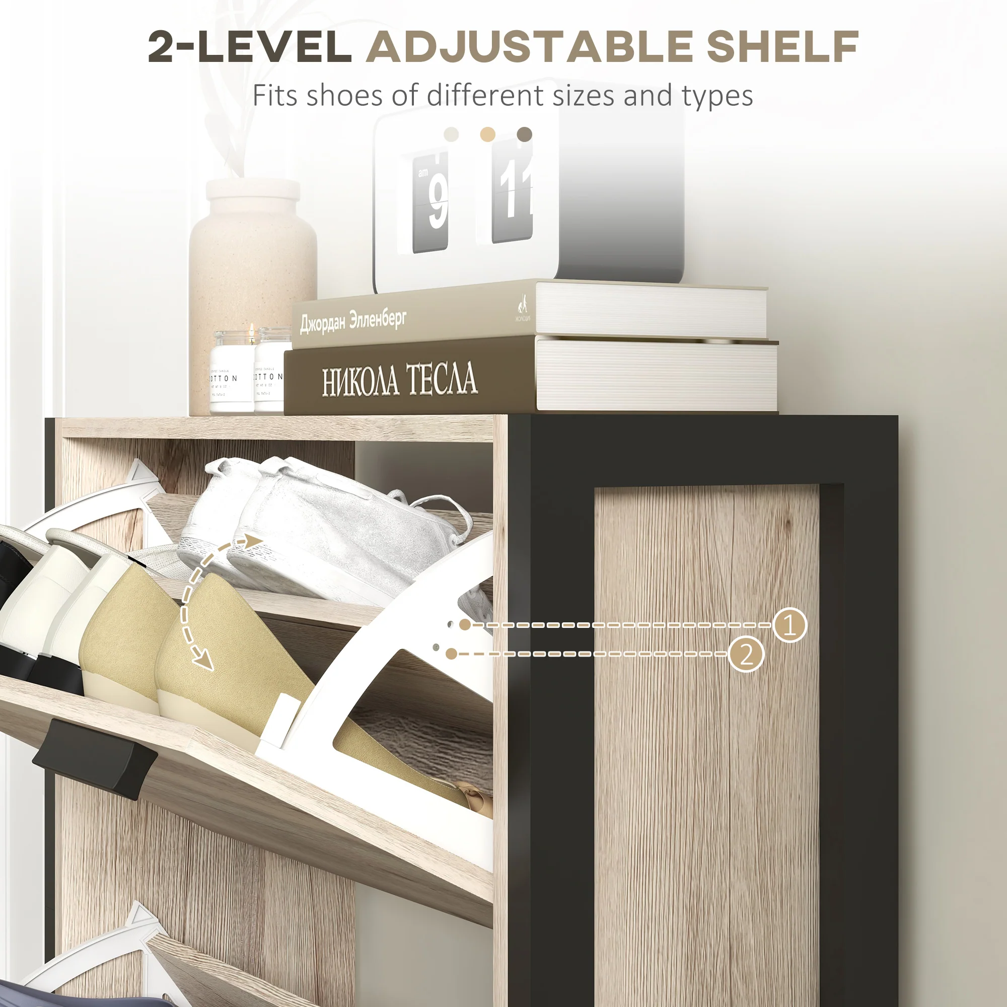 HOMCOM Entryway Shoe Cabinet with 3 Flip Drawers Adjustable Shelves Wood Handles - Image 4