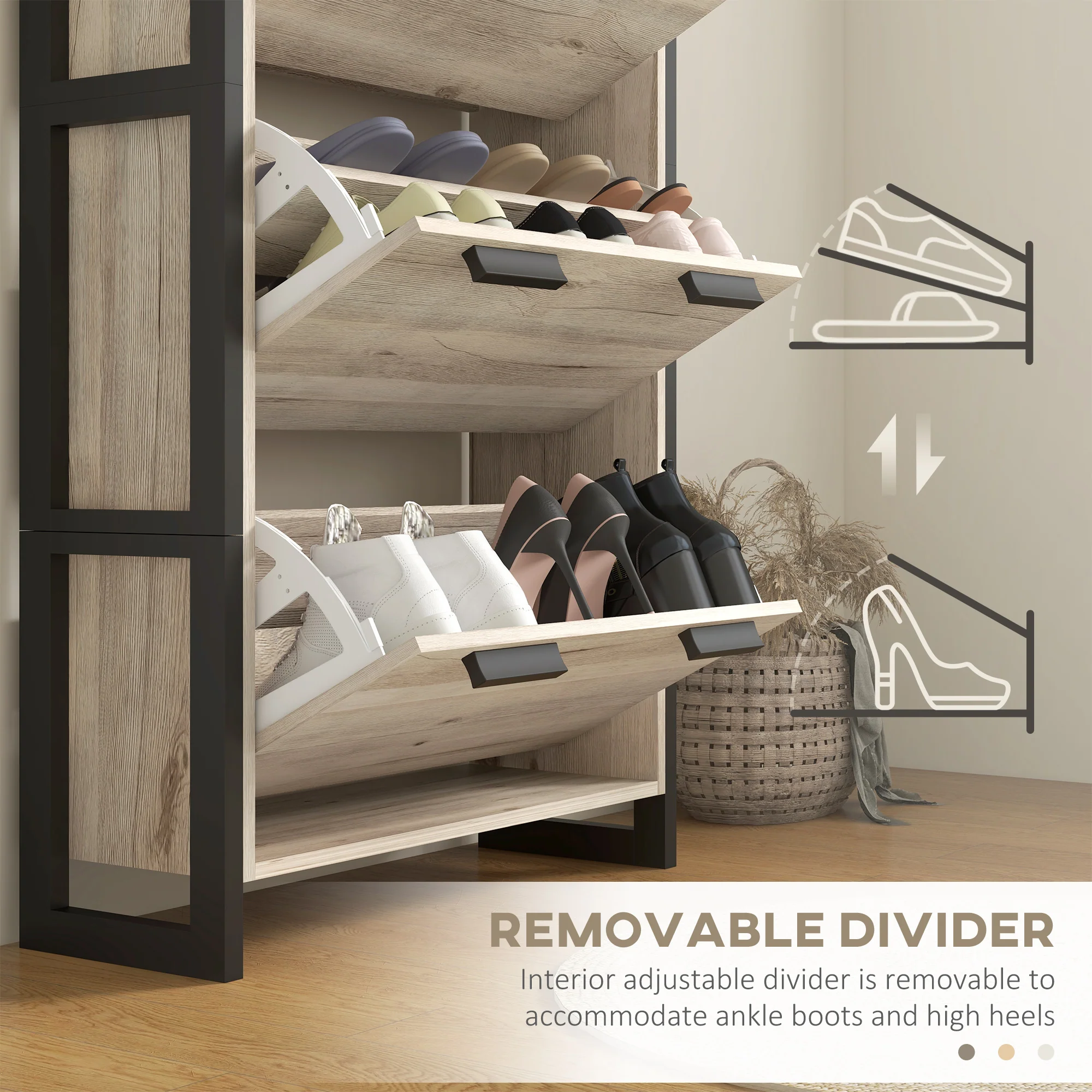 HOMCOM Entryway Shoe Cabinet with 3 Flip Drawers Adjustable Shelves Wood Handles - Image 6