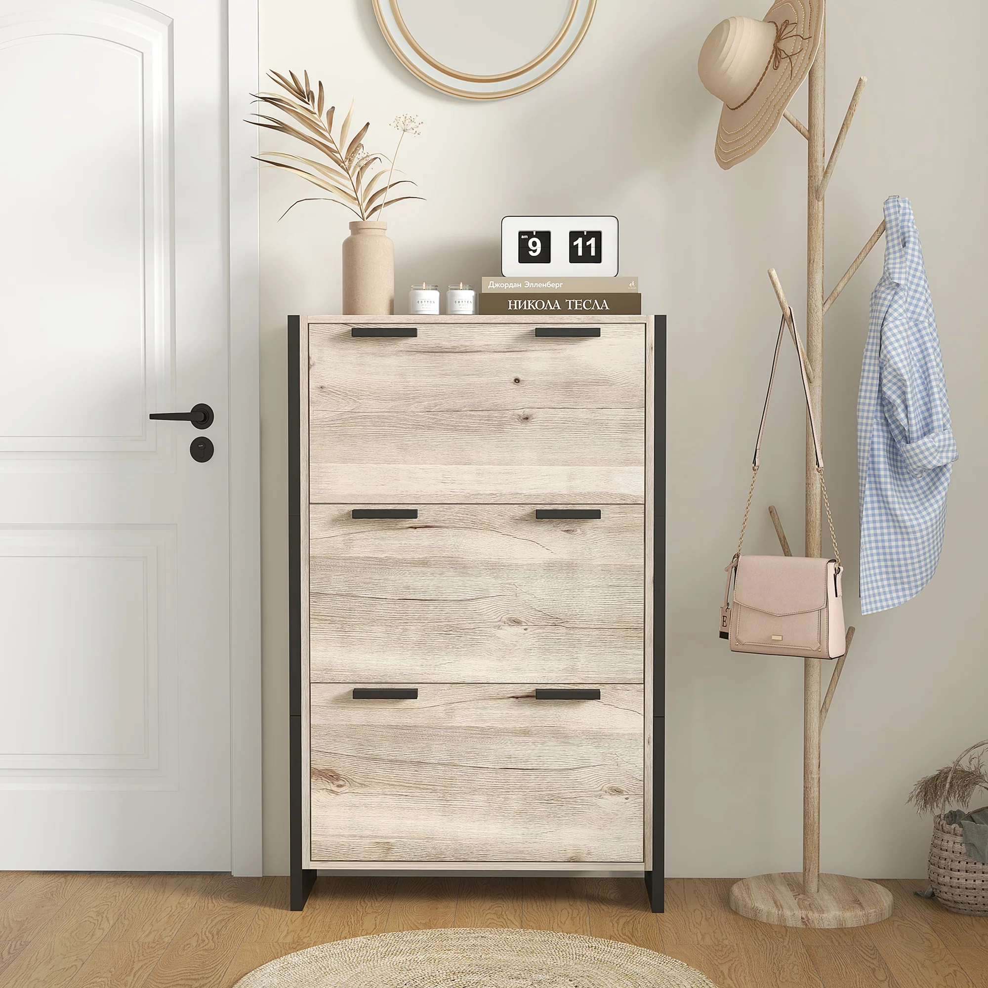 HOMCOM Entryway Shoe Cabinet with 3 Flip Drawers Adjustable Shelves Wood Handles - Image 8