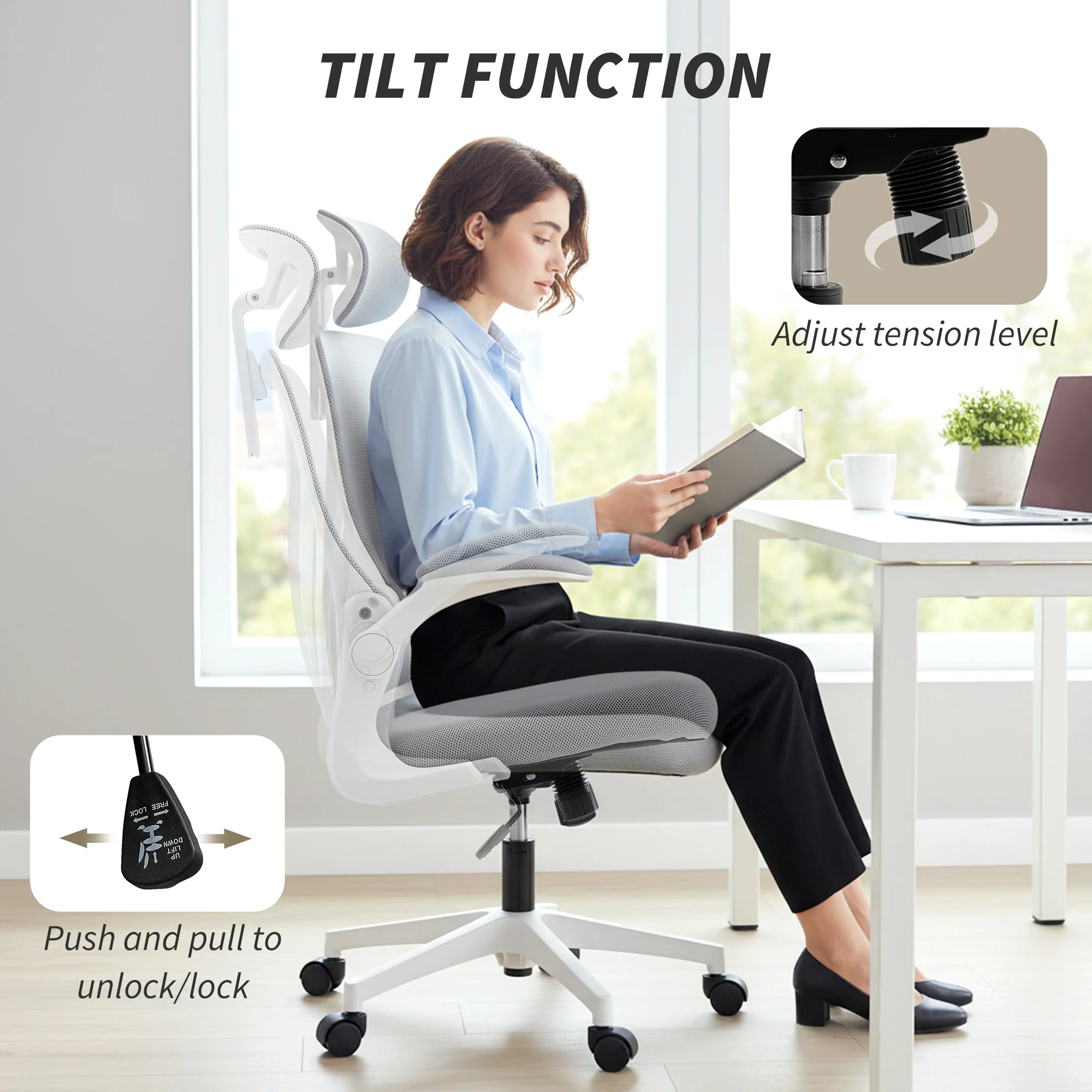HOMCOM Ergonomic Office Chair, Computer Chair with Foldable Backrest, Grey - Image 8