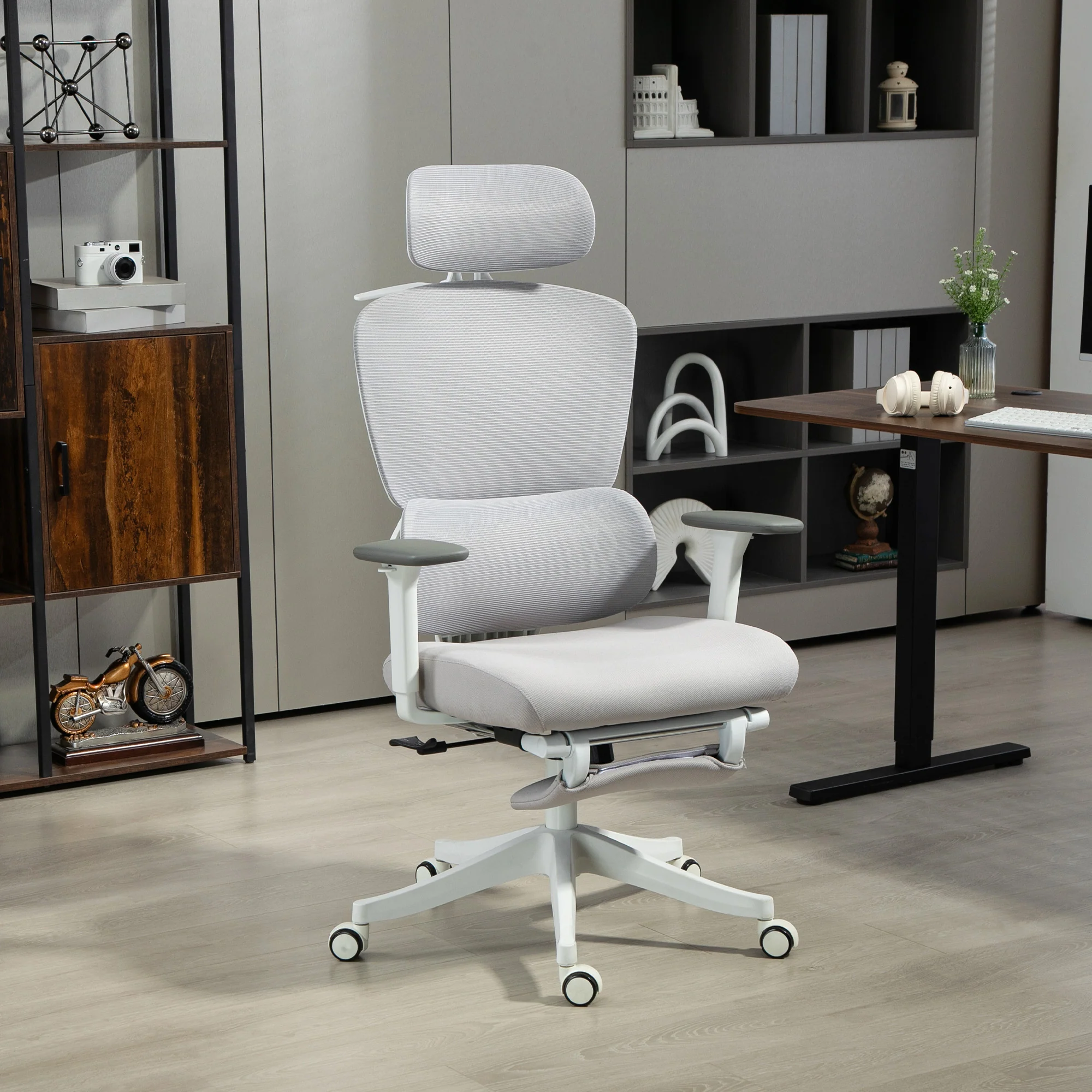 HOMCOM Ergonomic Office Chair, Recliner Computer Chair with Footrest, Grey - Image 2