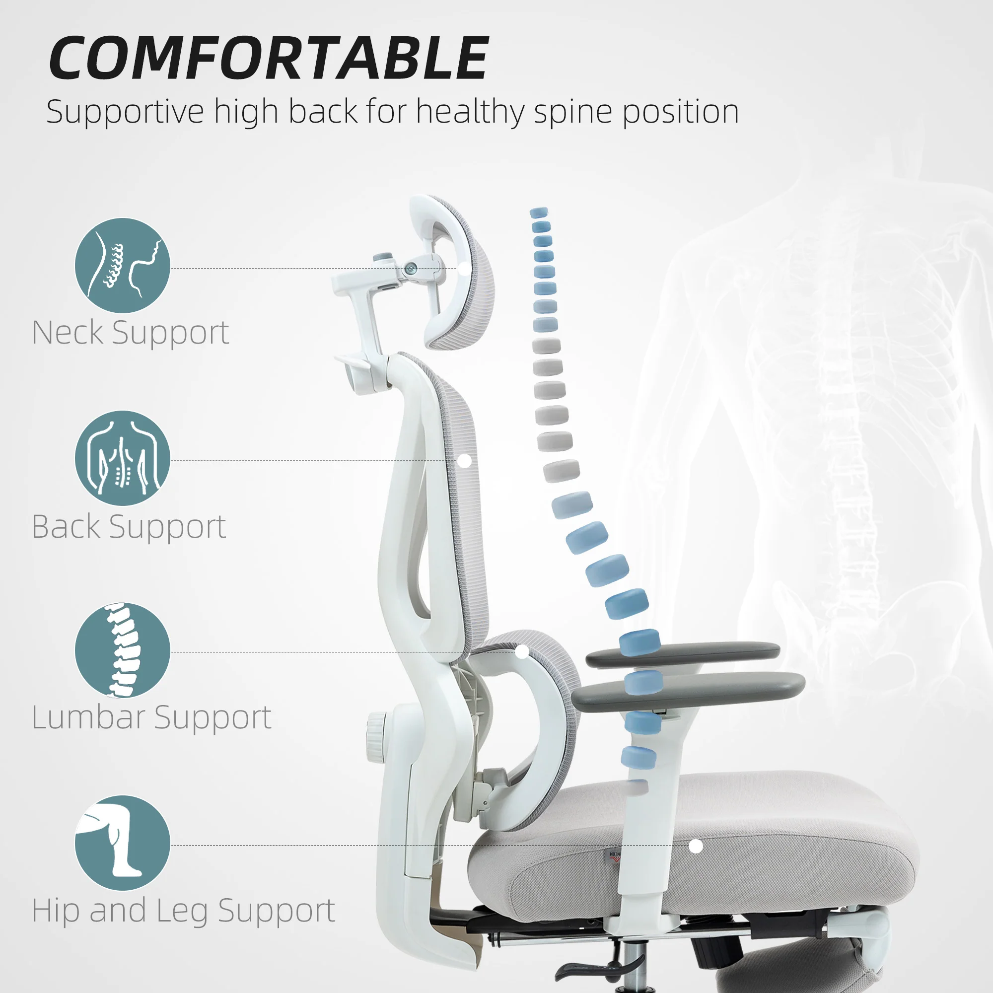 HOMCOM Ergonomic Office Chair, Recliner Computer Chair with Footrest, Grey - Image 3