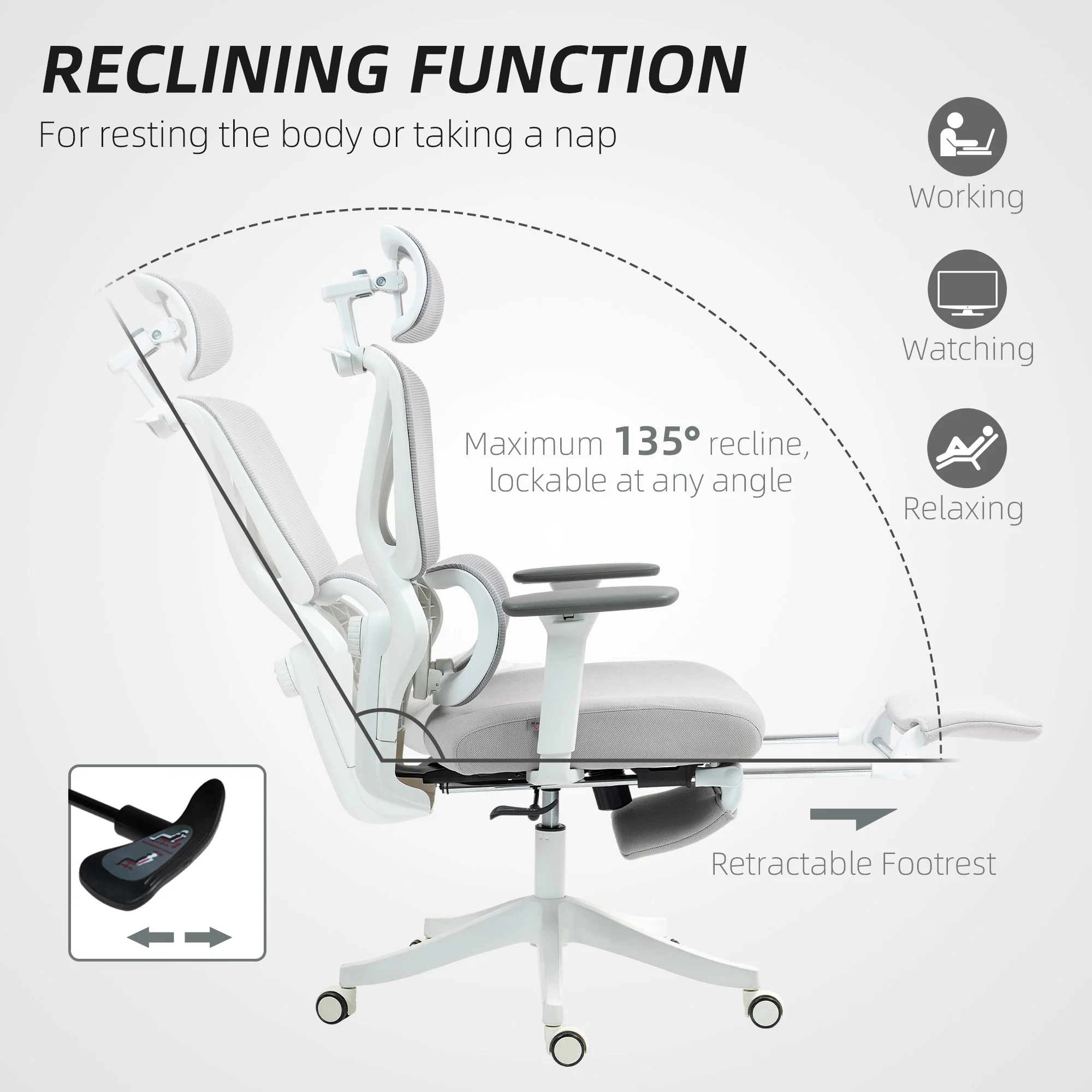 HOMCOM Ergonomic Office Chair, Recliner Computer Chair with Footrest, Grey - Image 8