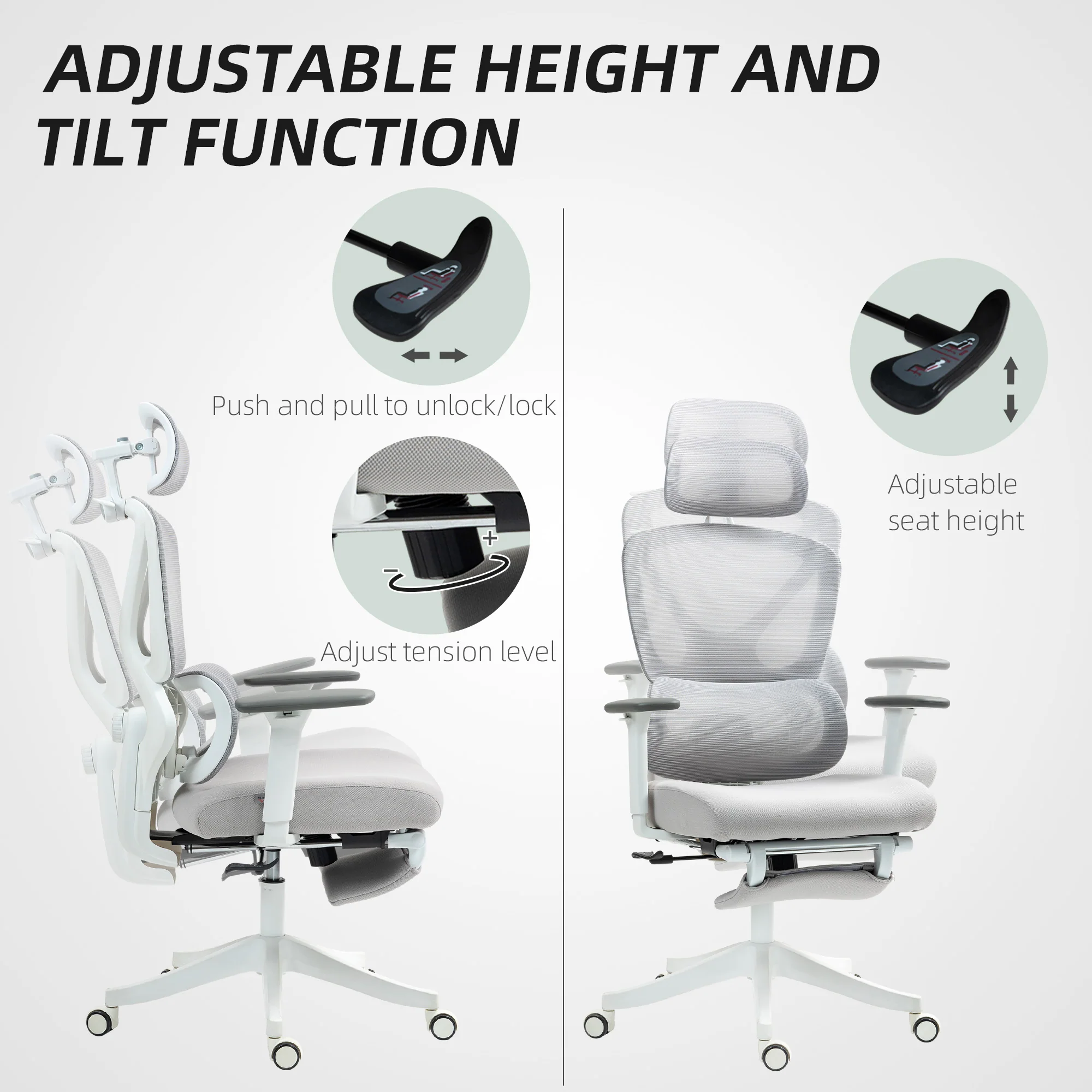 HOMCOM Ergonomic Office Chair, Recliner Computer Chair with Footrest, Grey - Image 9