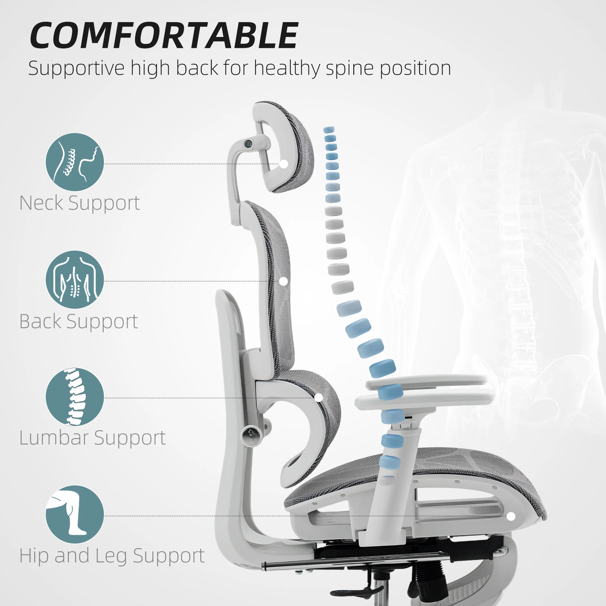 HOMCOM Ergonomic Office Chair Swivel Computer Chair With 3D Armrest Grey - Image 3