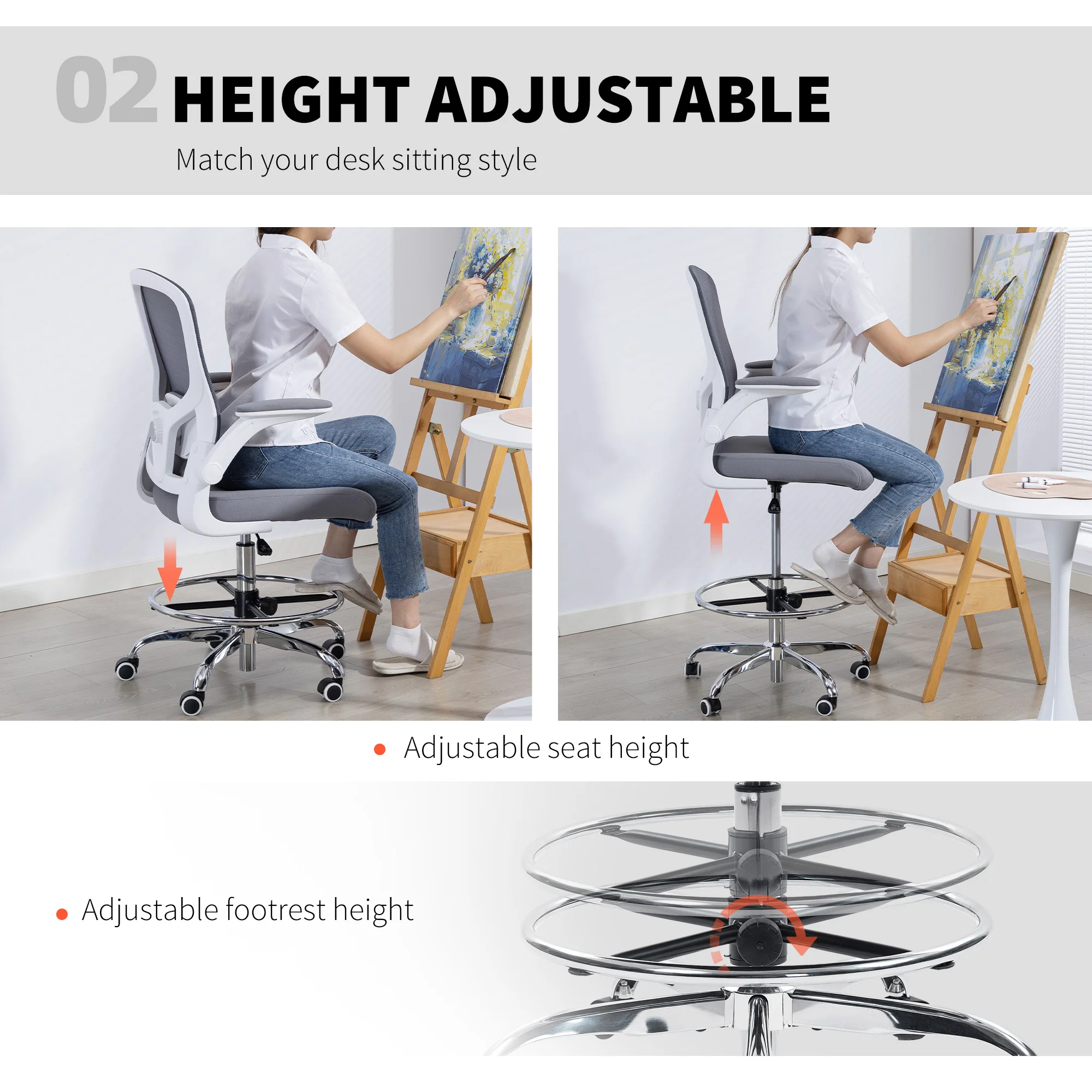 HOMCOM Ergonomic Tall Office Chair, 360 Degree Swivel Task Stool - Image 4