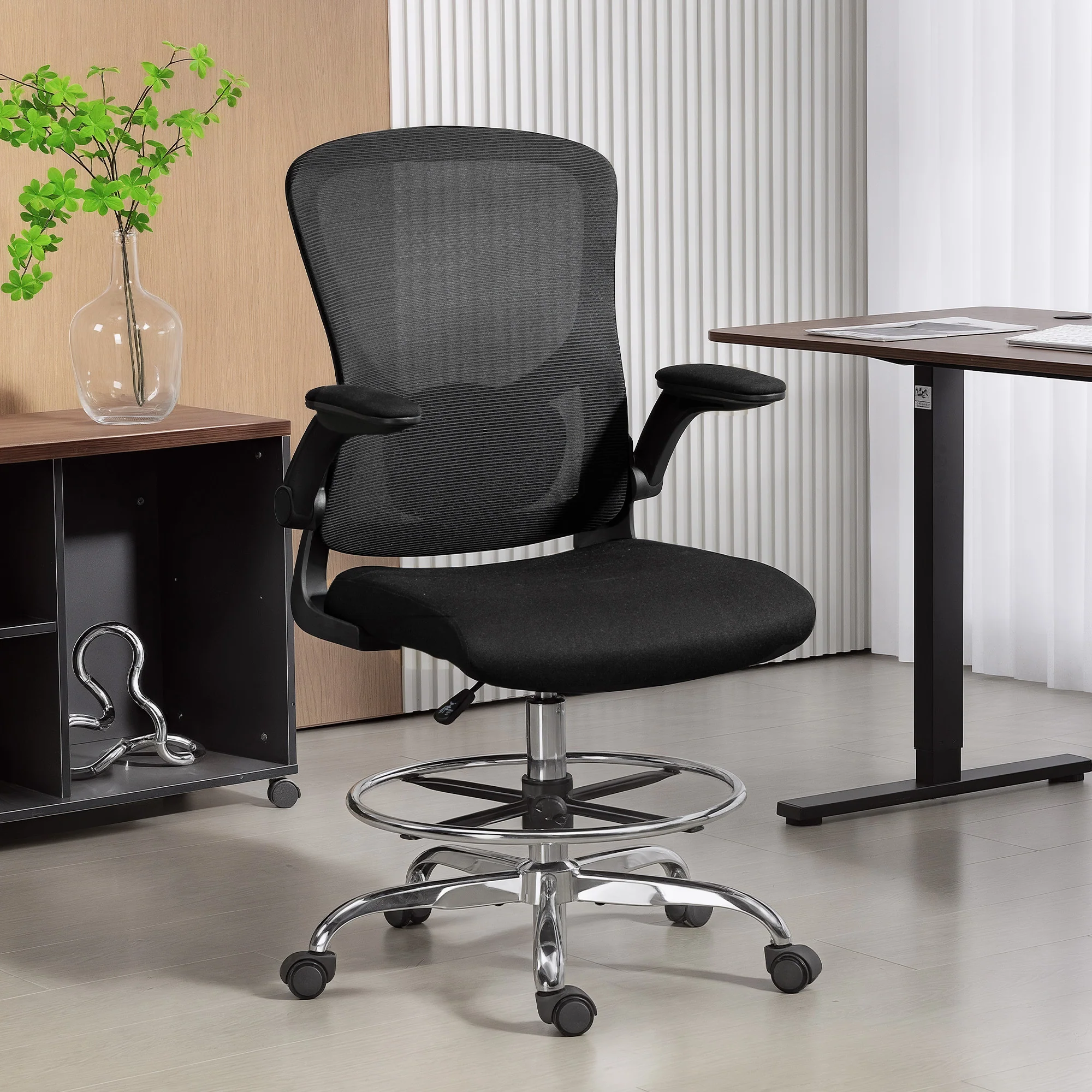 HOMCOM Ergonomic Tall Office Chair, 360 Degree Swivel Task Stool, Black - Image 2