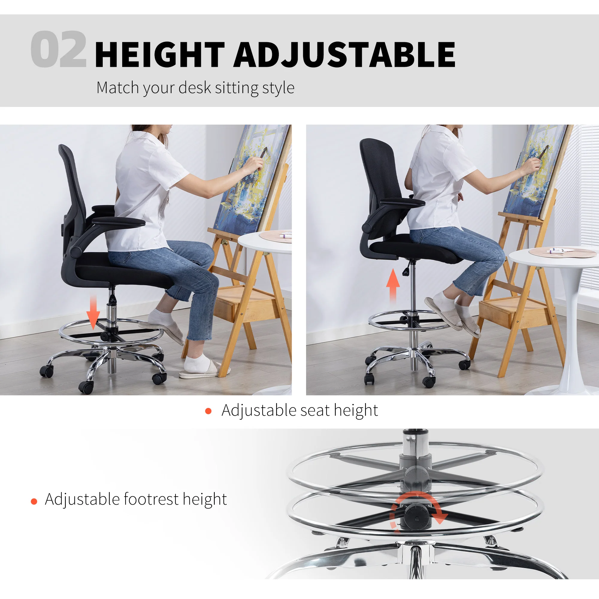 HOMCOM Ergonomic Tall Office Chair, 360 Degree Swivel Task Stool, Black - Image 4