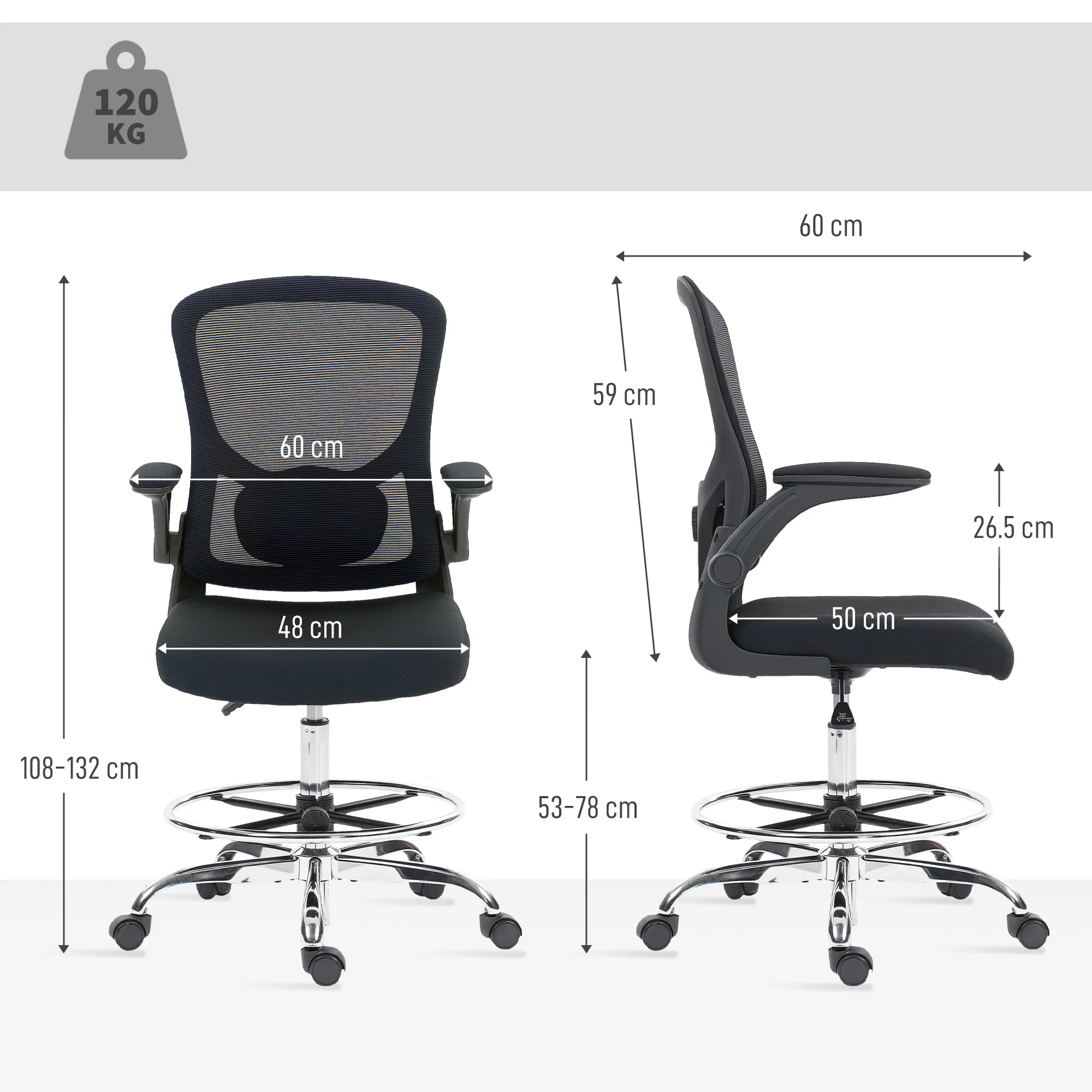 HOMCOM Ergonomic Tall Office Chair, 360 Degree Swivel Task Stool, Black - Image 5
