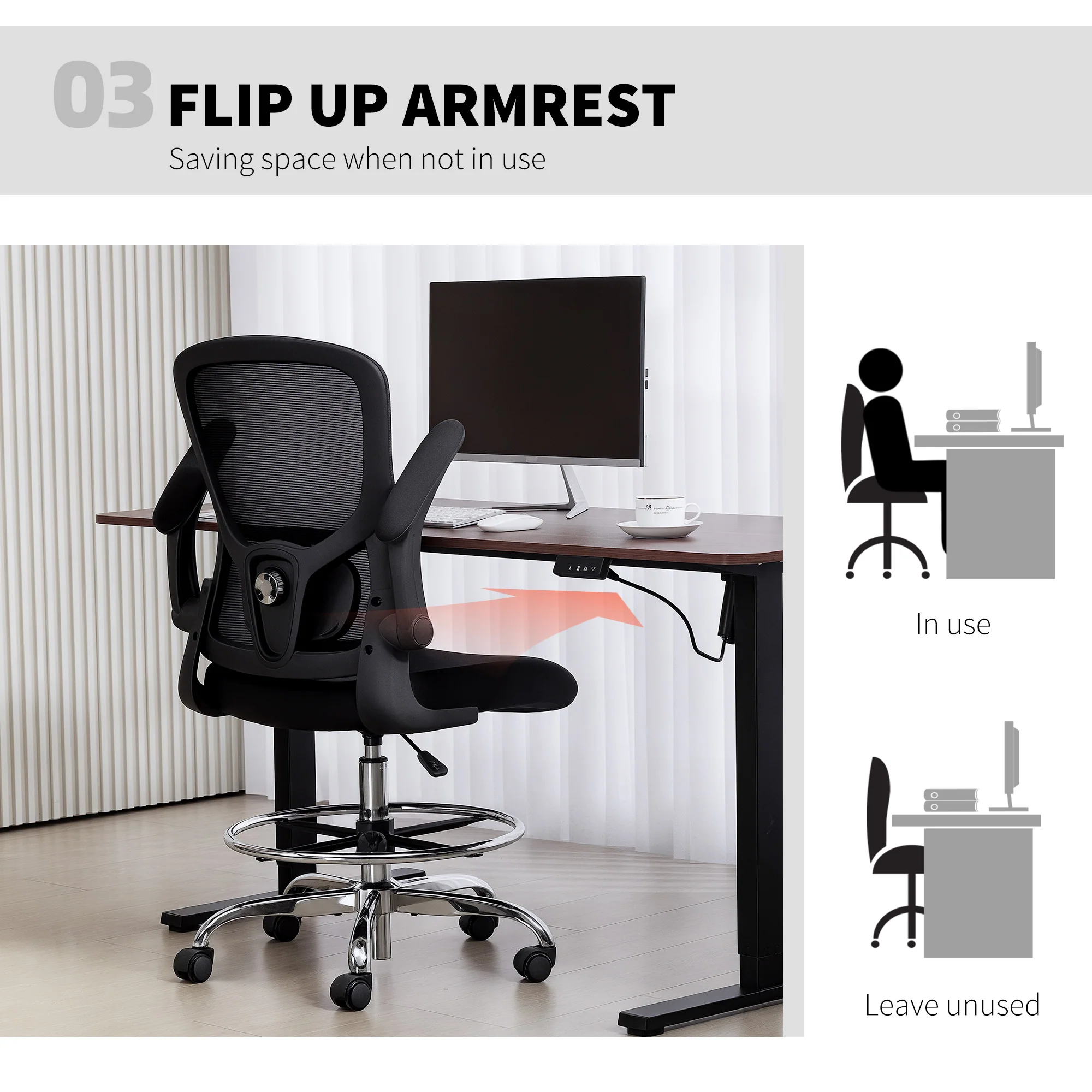 HOMCOM Ergonomic Tall Office Chair, 360 Degree Swivel Task Stool, Black - Image 6
