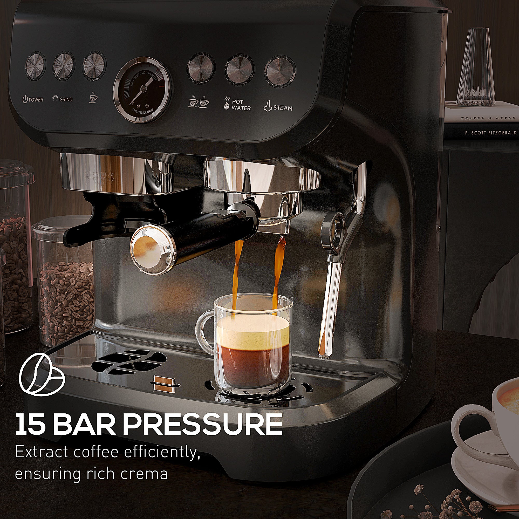 HOMCOM Espresso Machine, Bean Grinder & Steam Wand, 15 Bar Pressure, Black - Image 6