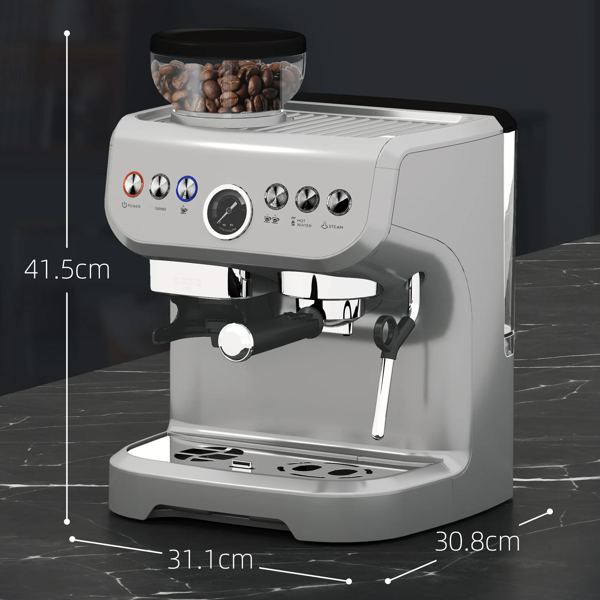 HOMCOM Espresso Machine, Bean Grinder & Steam Wand, 15 Bar Pressure, Silver. - Image 5