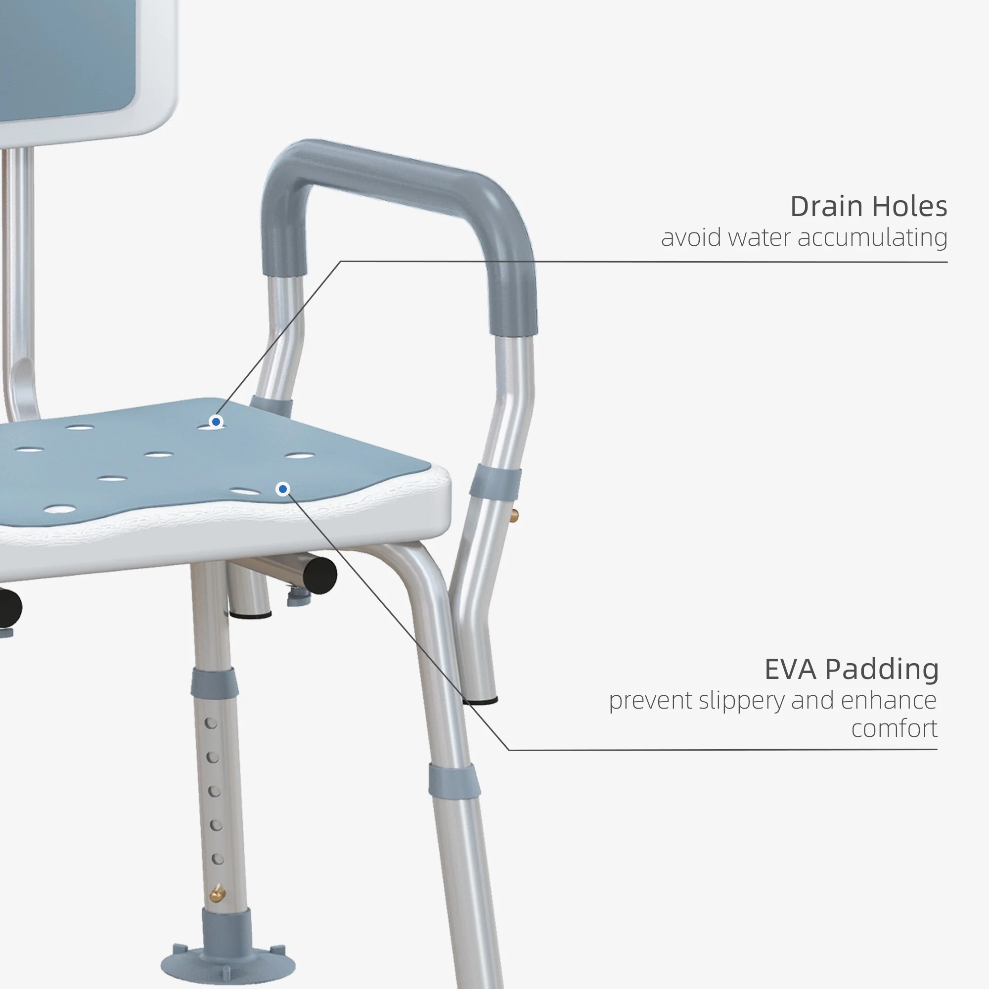 HOMCOM EVA Padded Shower Stool With Back And Arms 4 Suction Foot Pads Blue - Image 3