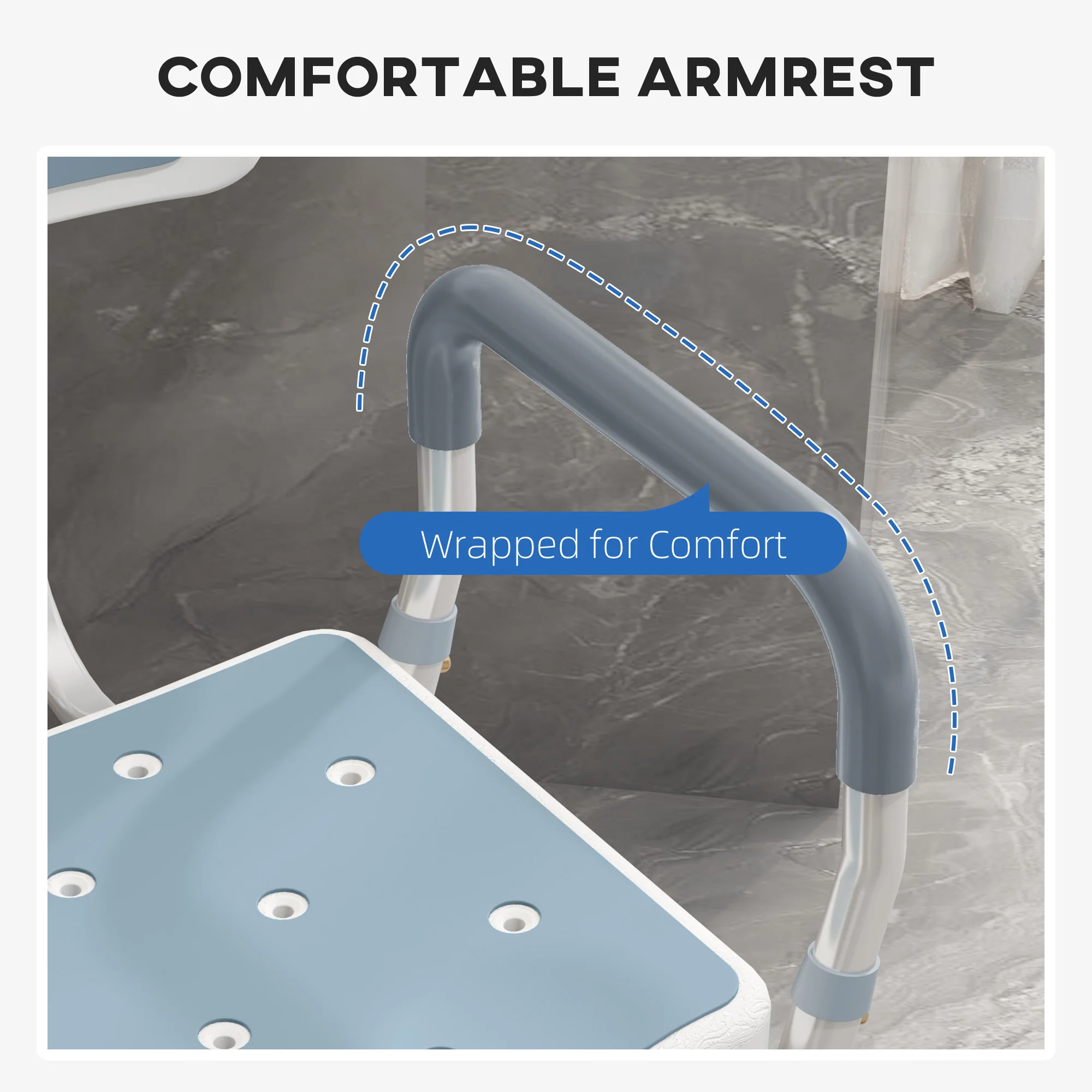 HOMCOM EVA Padded Shower Stool With Back And Arms 4 Suction Foot Pads Blue - Image 4