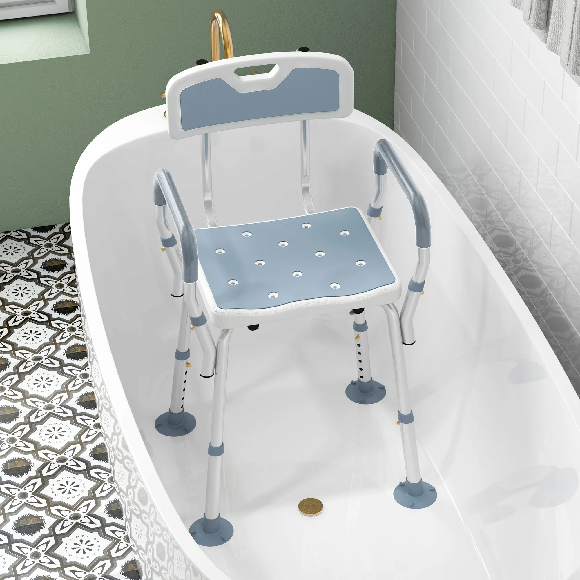 HOMCOM EVA Padded Shower Stool With Back And Arms 4 Suction Foot Pads Blue - Image 9