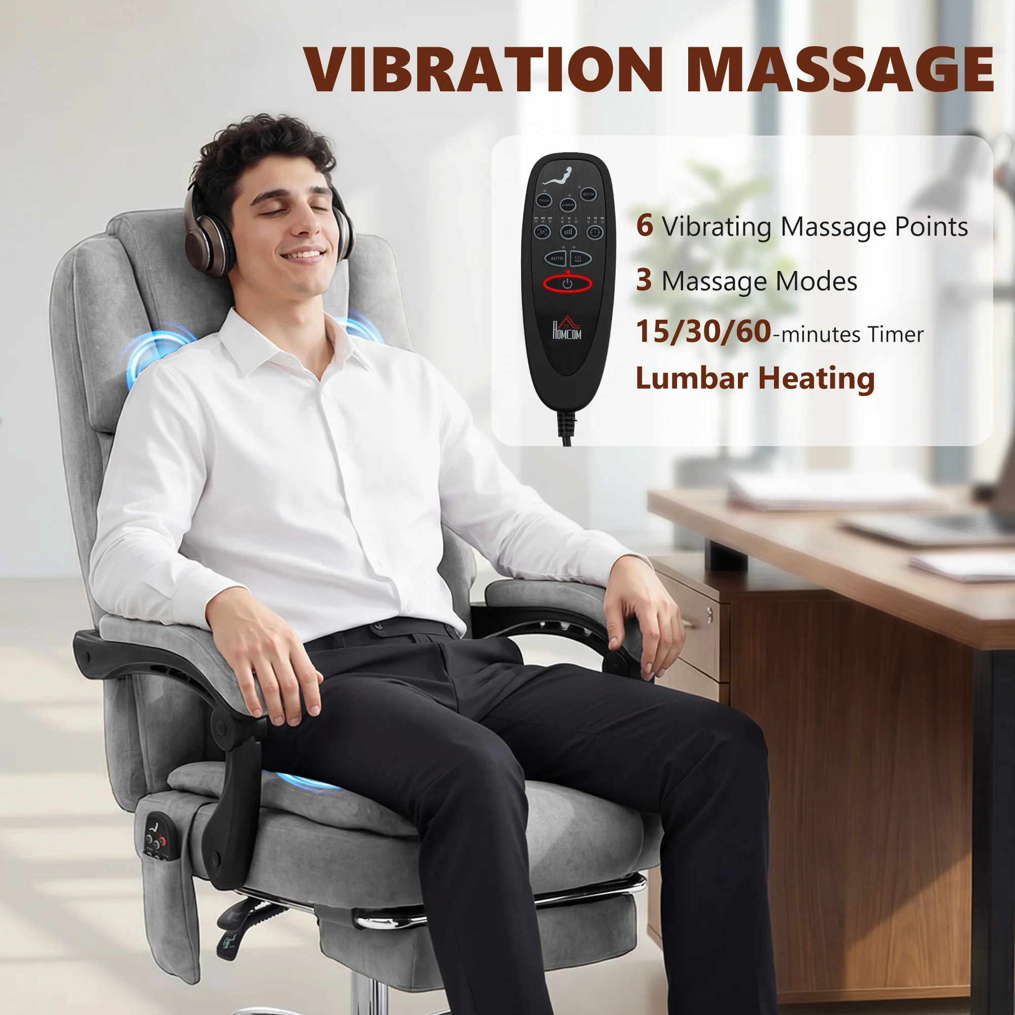 HOMCOM Executive Office Chair, Desk Chair With Massage And Heat, Grey - Image 4