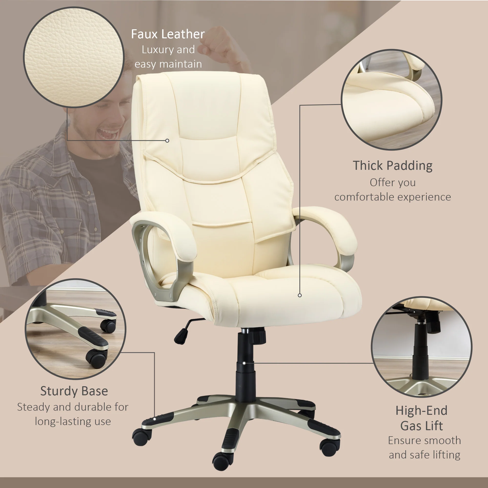 HOMCOM Executive Office Chair Faux Leather Computer Desk Chair w/ Wheel White - Image 7