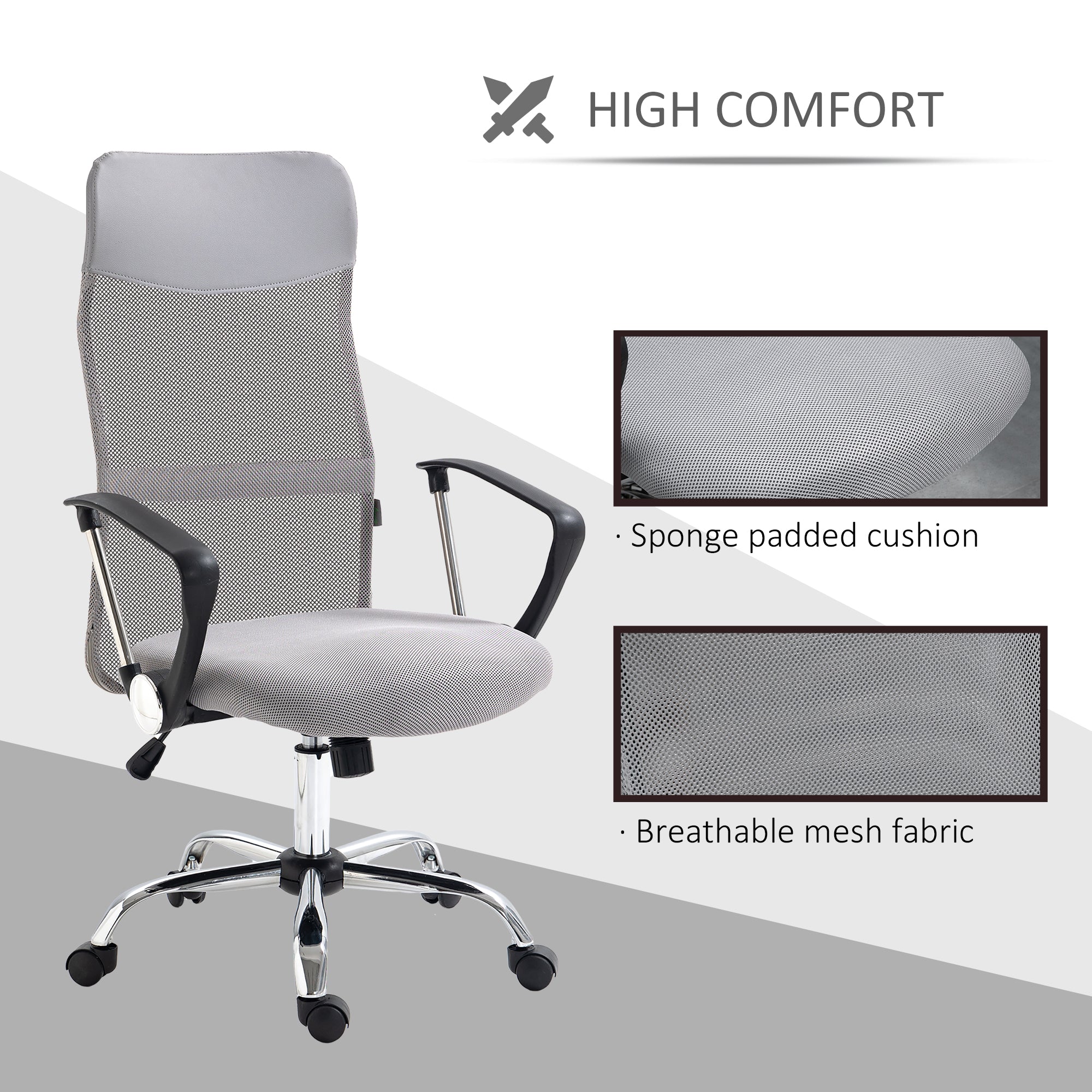 HOMCOM Executive Office Chair High Back Mesh Back Seat Desk Chairs, Light Grey - Image 7