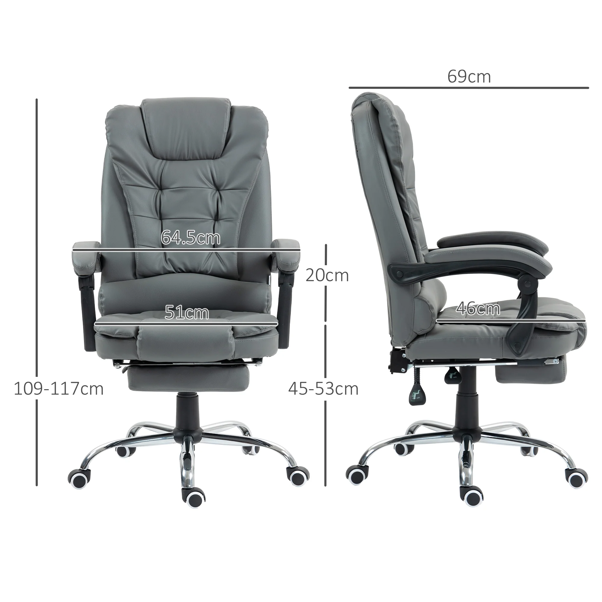HOMCOM Executive Office Chair PU Leather Swivel Chair With Footrest Grey - Image 5