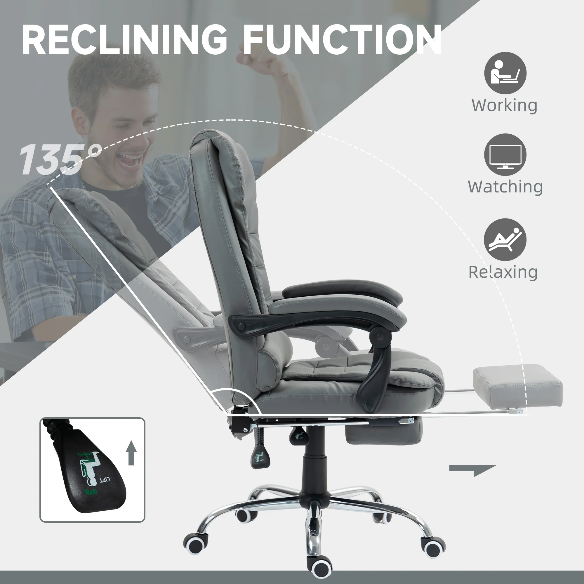 HOMCOM Executive Office Chair PU Leather Swivel Chair With Footrest Grey - Image 6