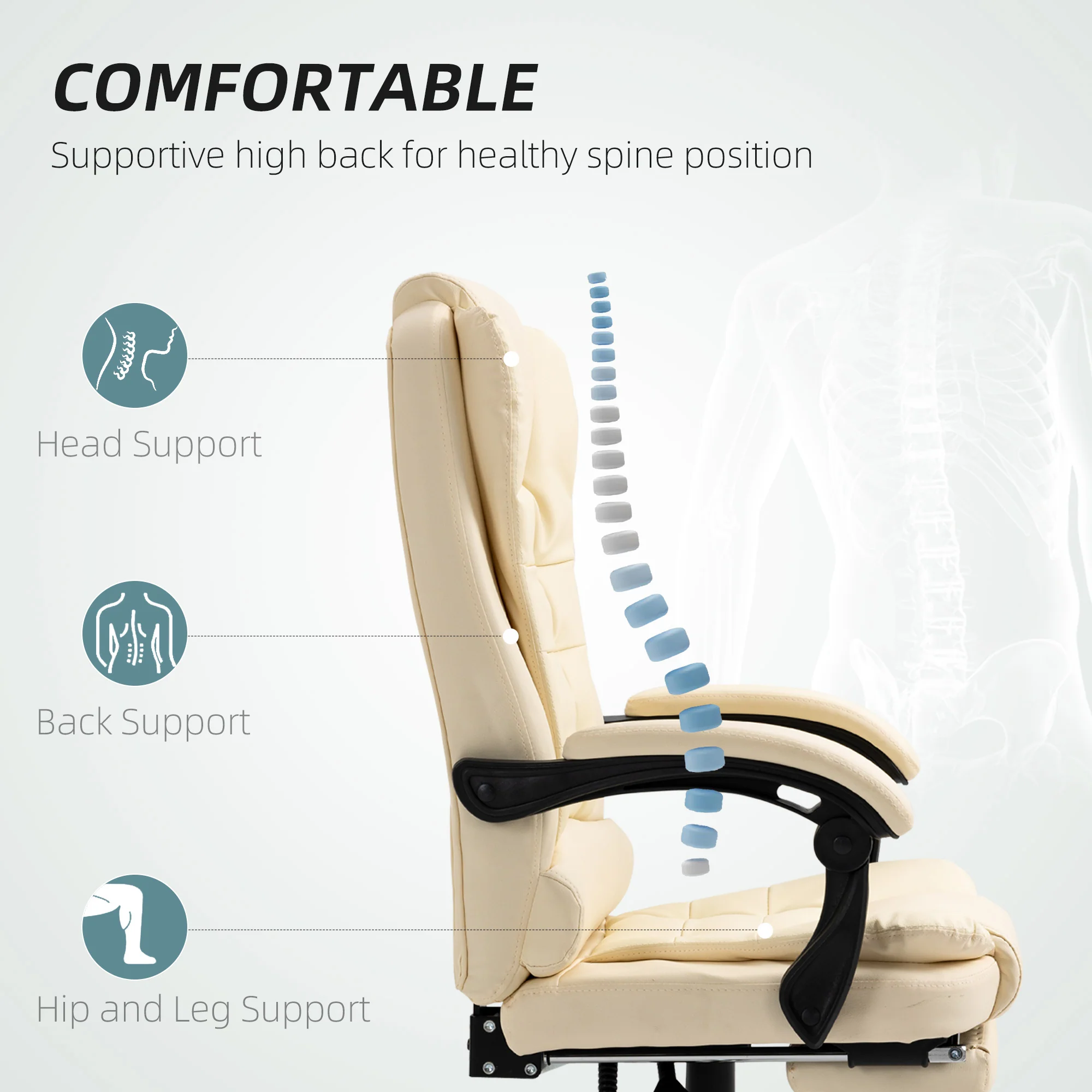 HOMCOM Executive Office Chair, Recliner Computer Chair with Footrest, Cream - Image 4