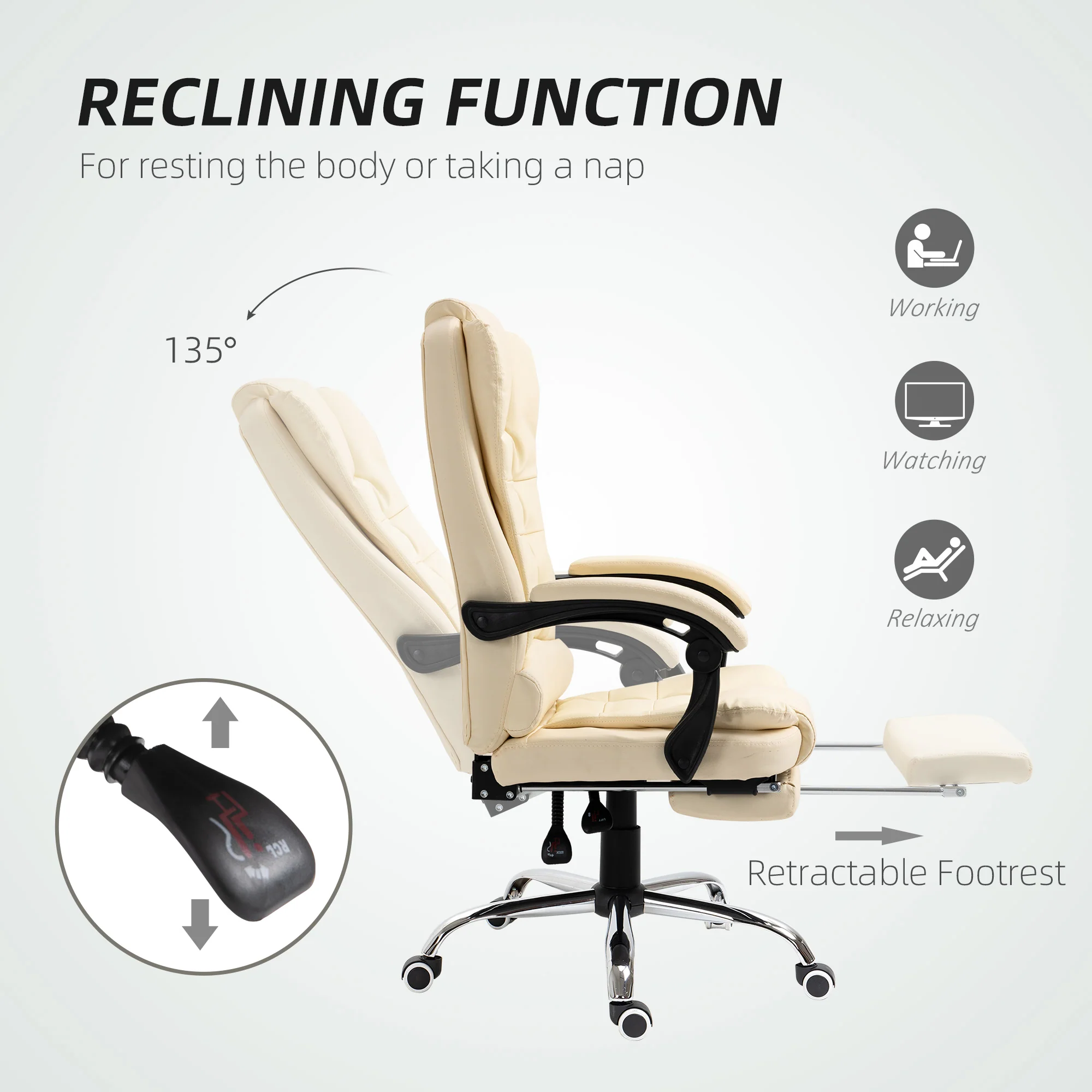HOMCOM Executive Office Chair, Recliner Computer Chair with Footrest, Cream - Image 6