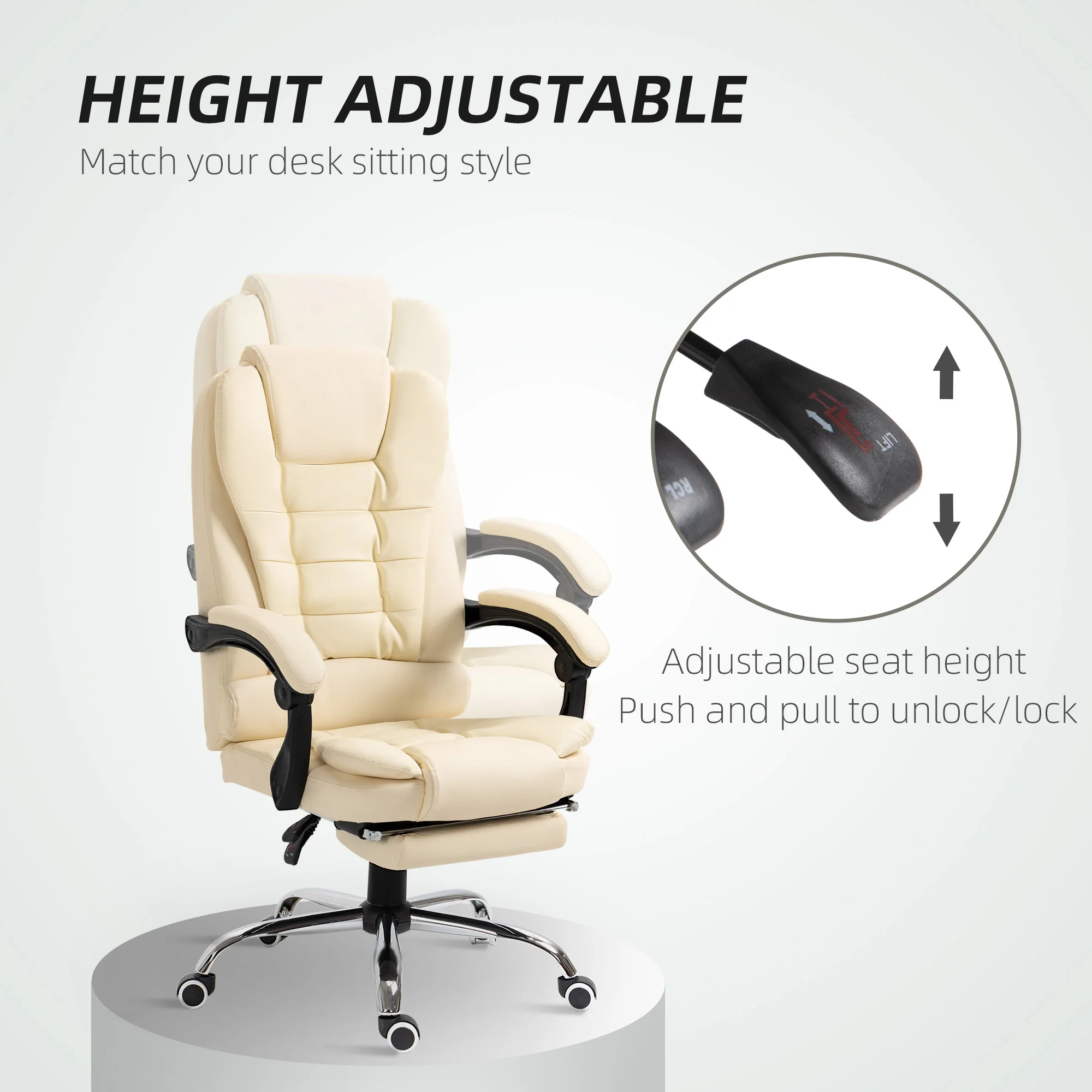 HOMCOM Executive Office Chair, Recliner Computer Chair with Footrest, Cream - Image 7
