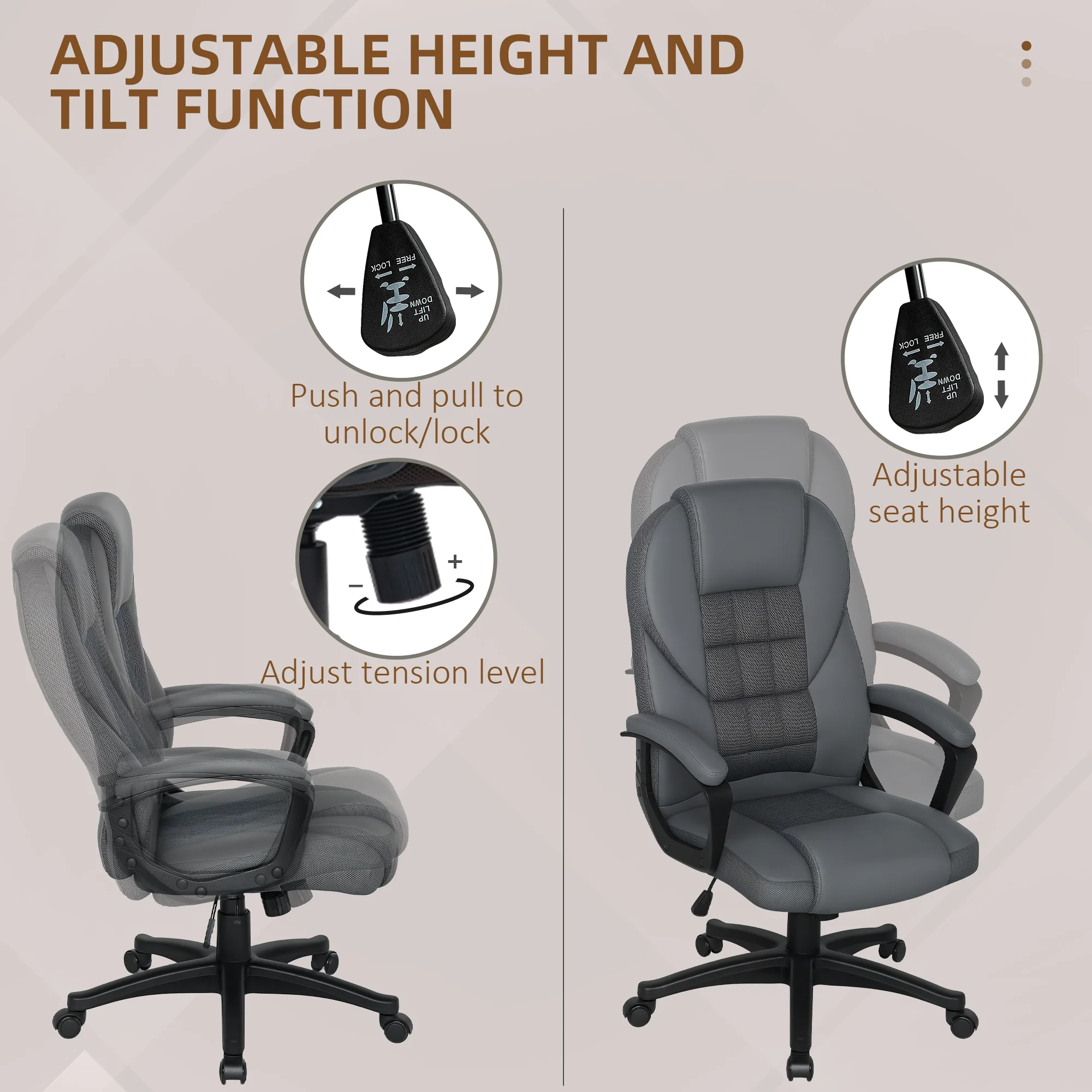 HOMCOM Executive Office Chair with High Back, Computer Chair, Charcoal Grey - Image 4