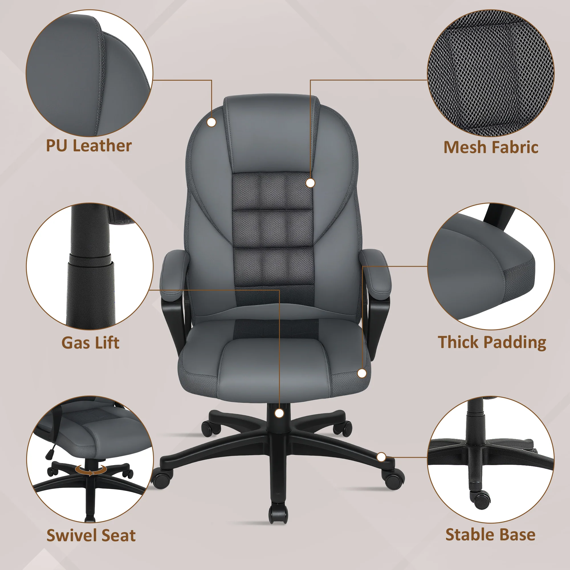 HOMCOM Executive Office Chair with High Back, Computer Chair, Charcoal Grey - Image 5