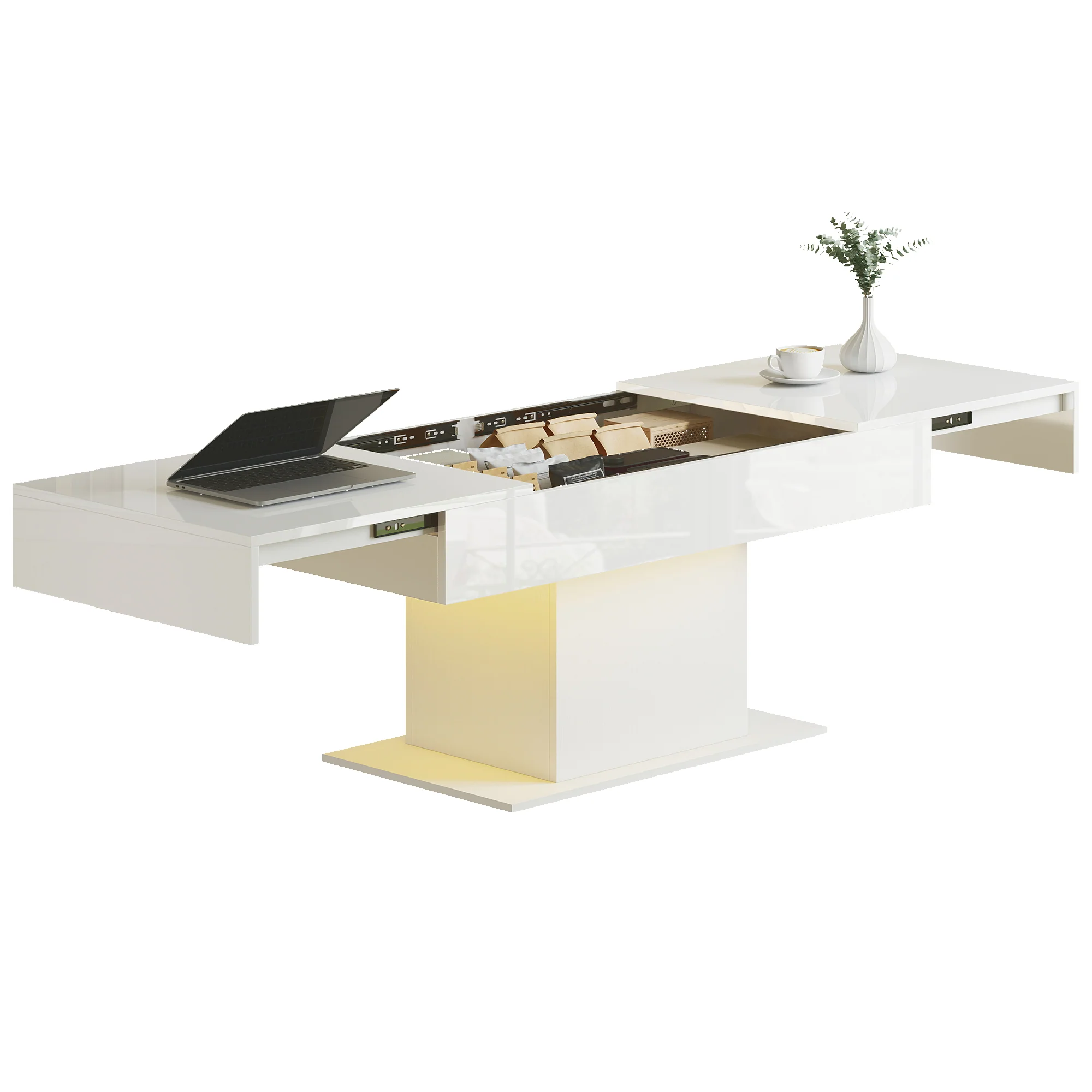 HOMCOM Extendable Coffee Table, Living Room Table with LED Lights, White