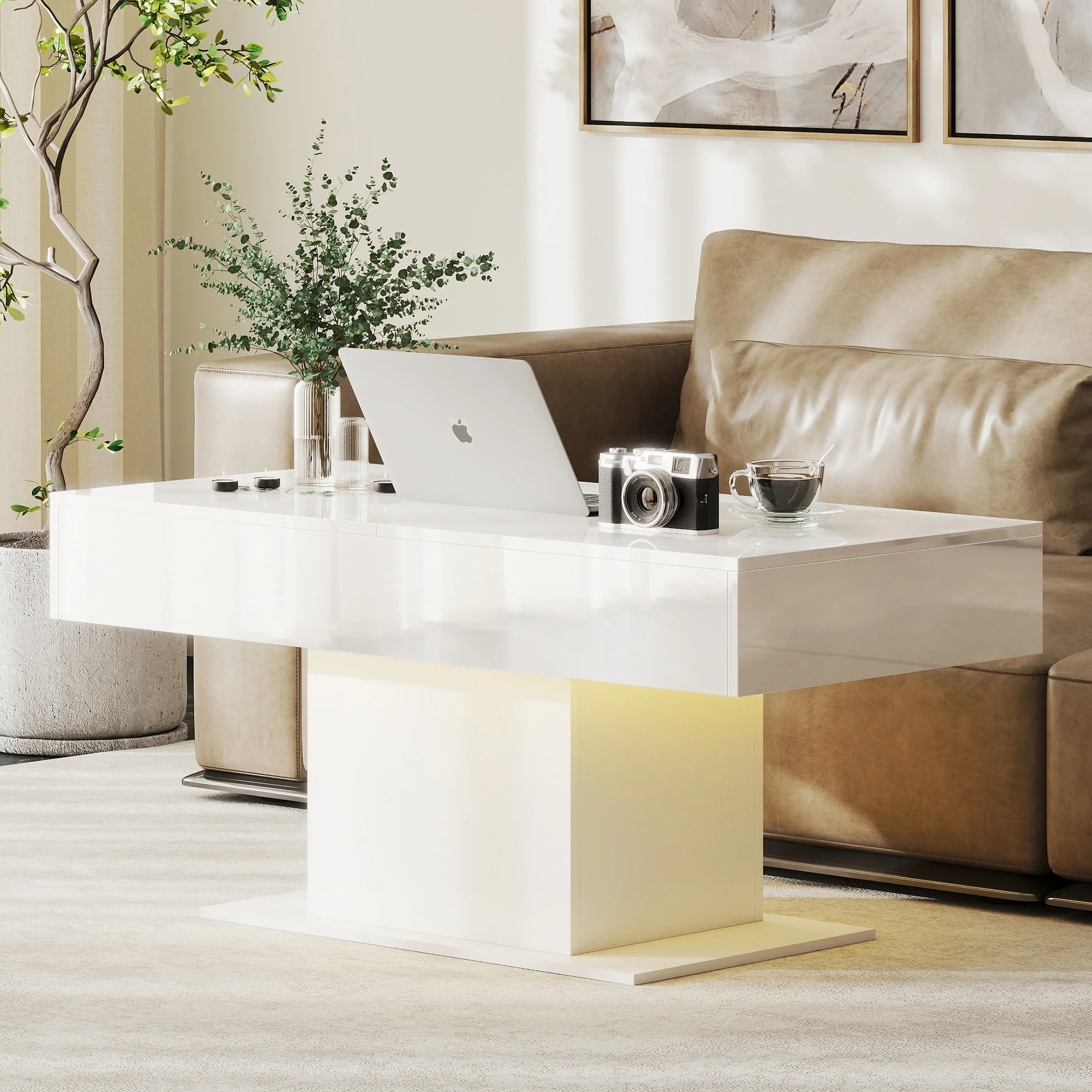 HOMCOM Extendable Coffee Table, Living Room Table with LED Lights, White - Image 2