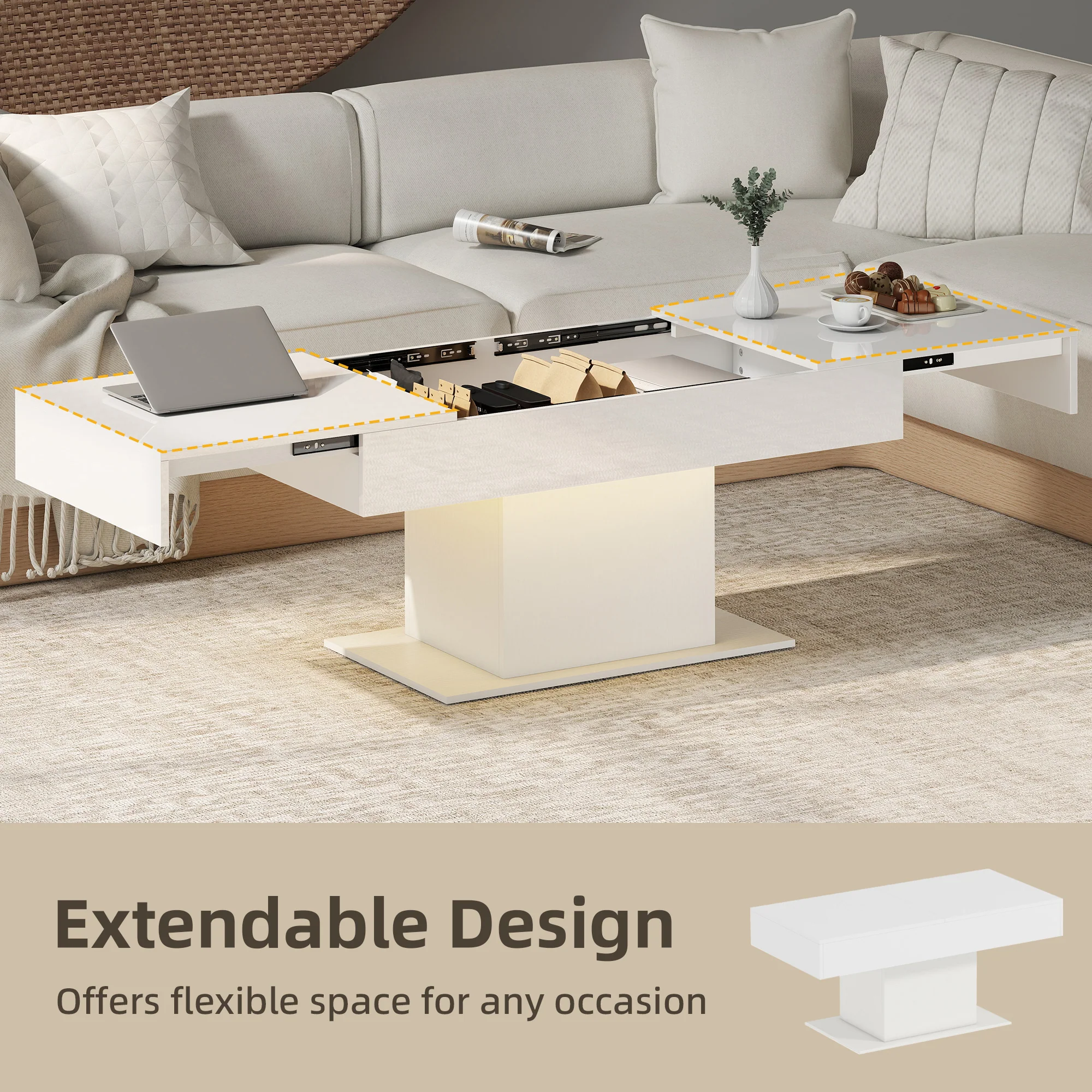 HOMCOM Extendable Coffee Table, Living Room Table with LED Lights, White - Image 3
