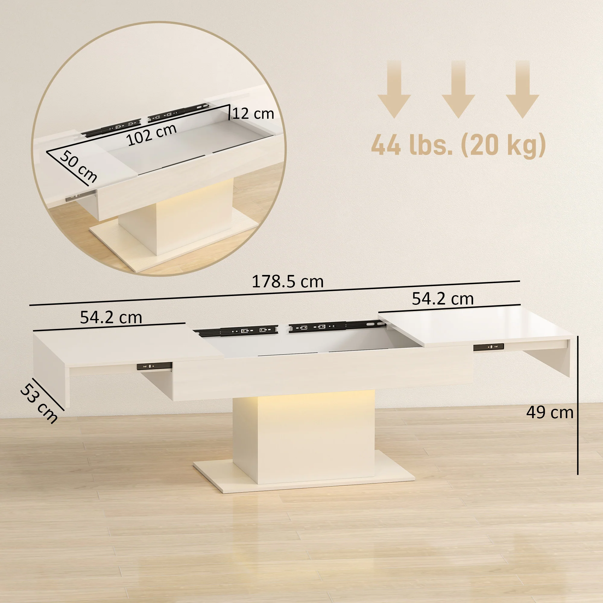 HOMCOM Extendable Coffee Table, Living Room Table with LED Lights, White - Image 5