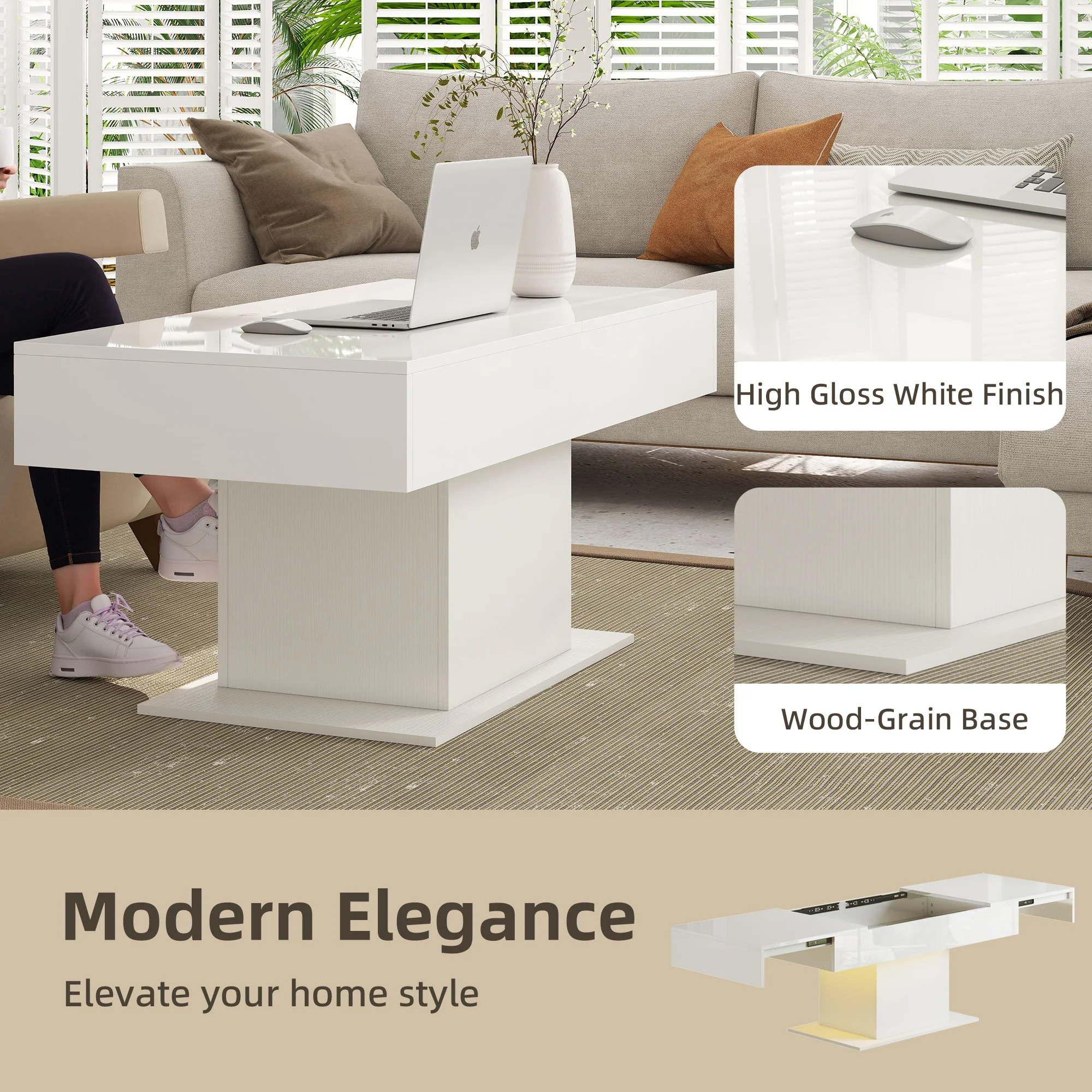 HOMCOM Extendable Coffee Table, Living Room Table with LED Lights, White - Image 7