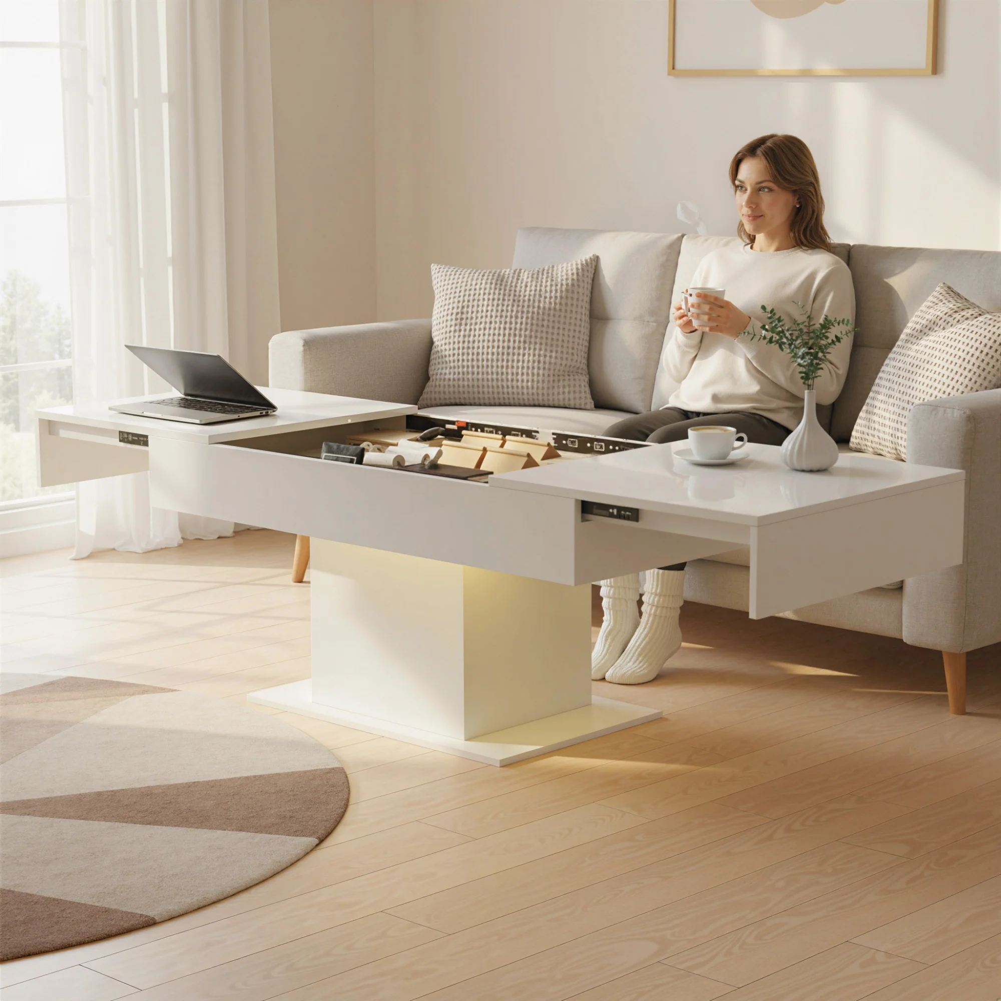 HOMCOM Extendable Coffee Table, Living Room Table with LED Lights, White - Image 8