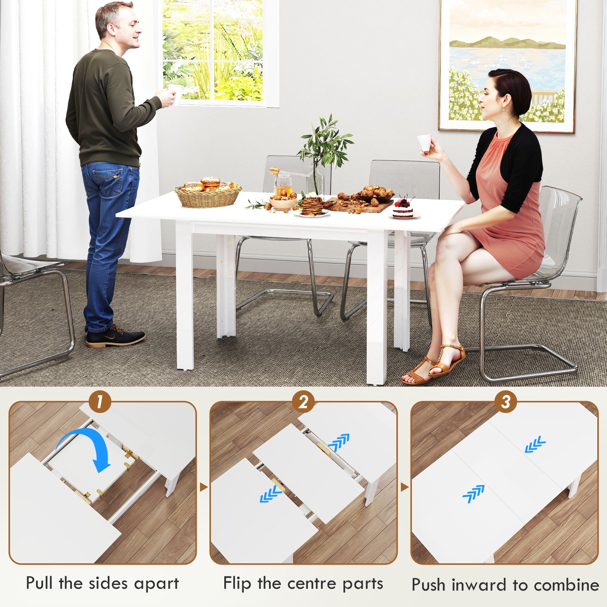 HOMCOM Extendable Dining Table, Seats 4-6 People, High Gloss White - Image 4
