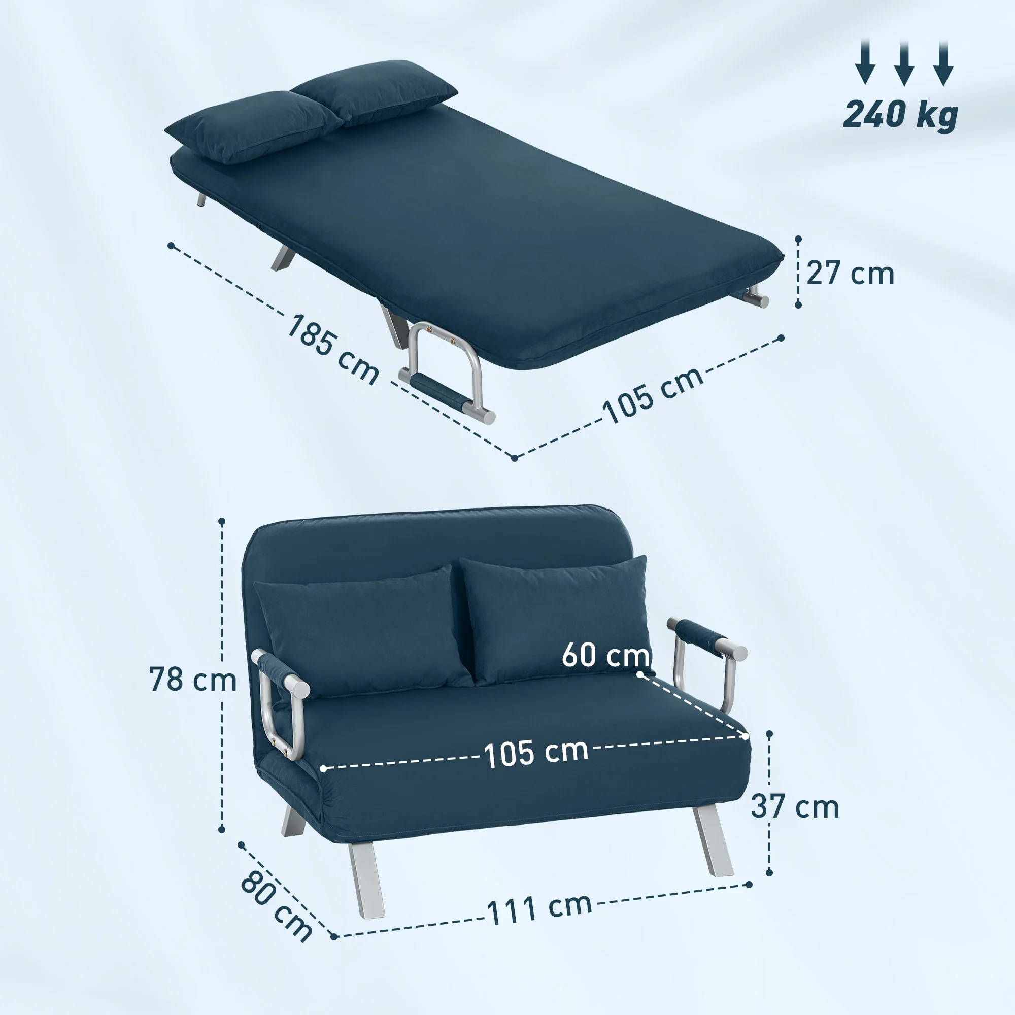 HOMCOM Fabric Convertible 2 Seater Sofa Bed W/ 2 Pillows - Image 14