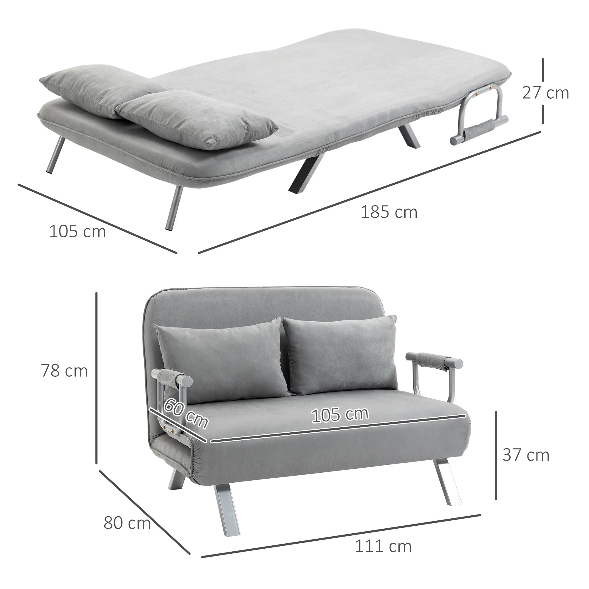 HOMCOM Fabric Convertible 2 Seater Sofa Bed W/ 2 Pillows, Light Grey - Image 6