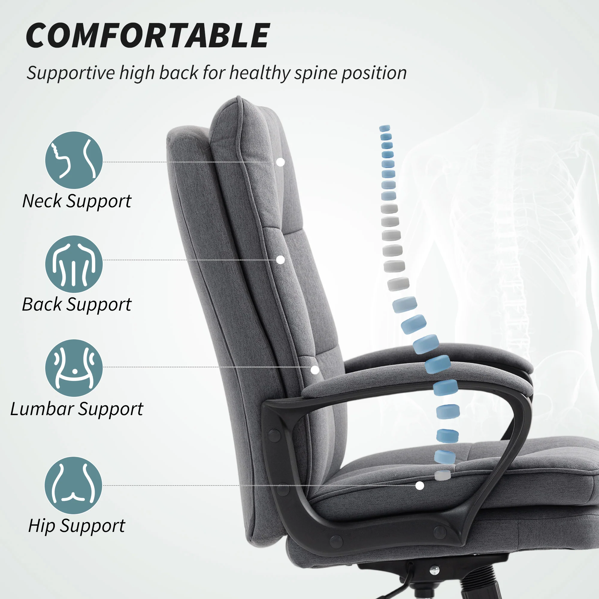 HOMCOM Fabric Office Chair, Computer Desk Chair For Home, Grey - Image 2