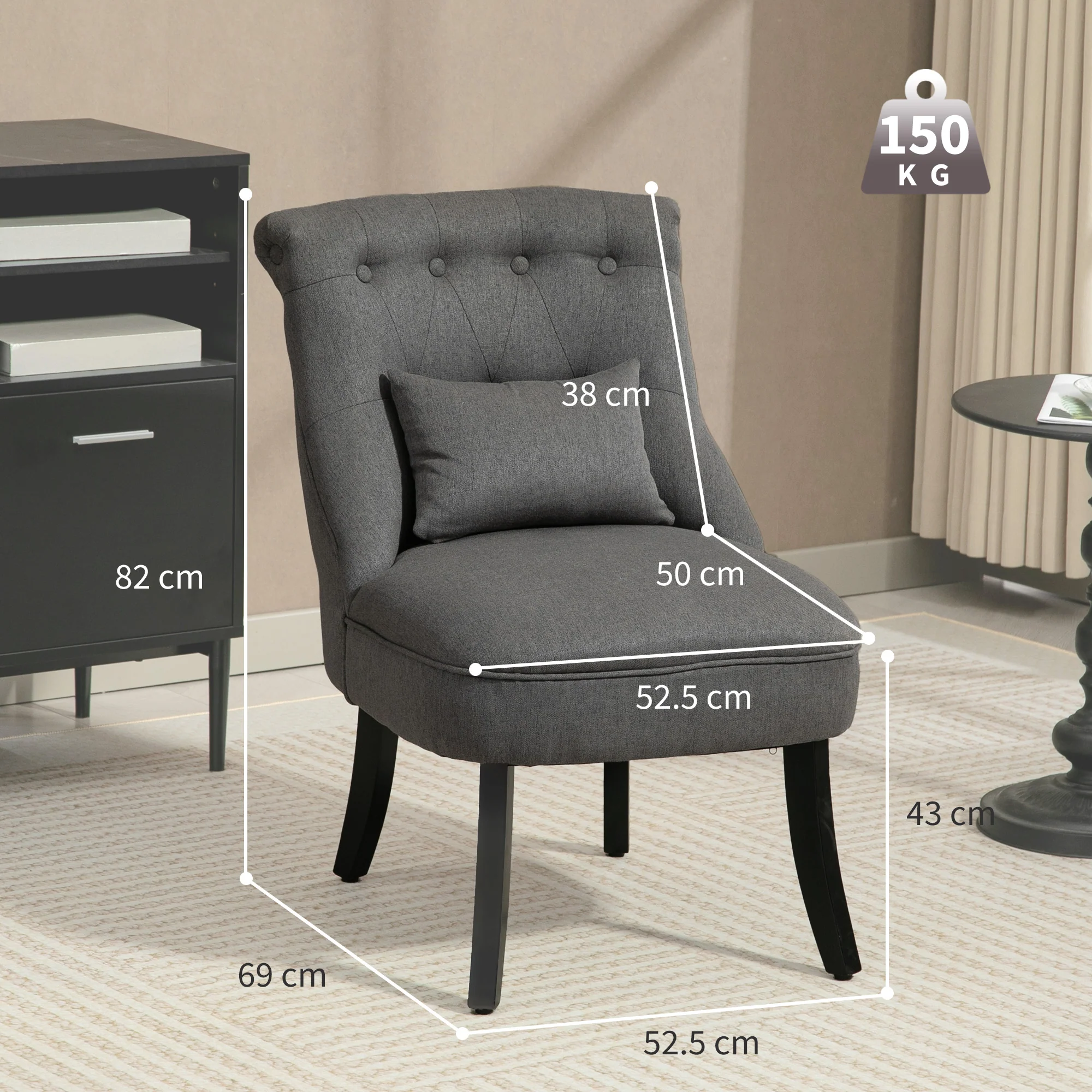 HOMCOM Fabric Single Sofa Upholstered With Pillow Wood Leg Charcoal Grey - Image 5