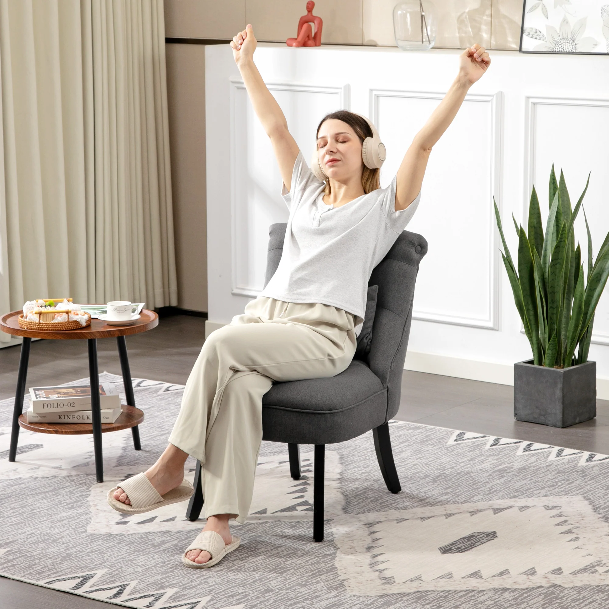 HOMCOM Fabric Single Sofa Upholstered With Pillow Wood Leg Charcoal Grey - Image 8